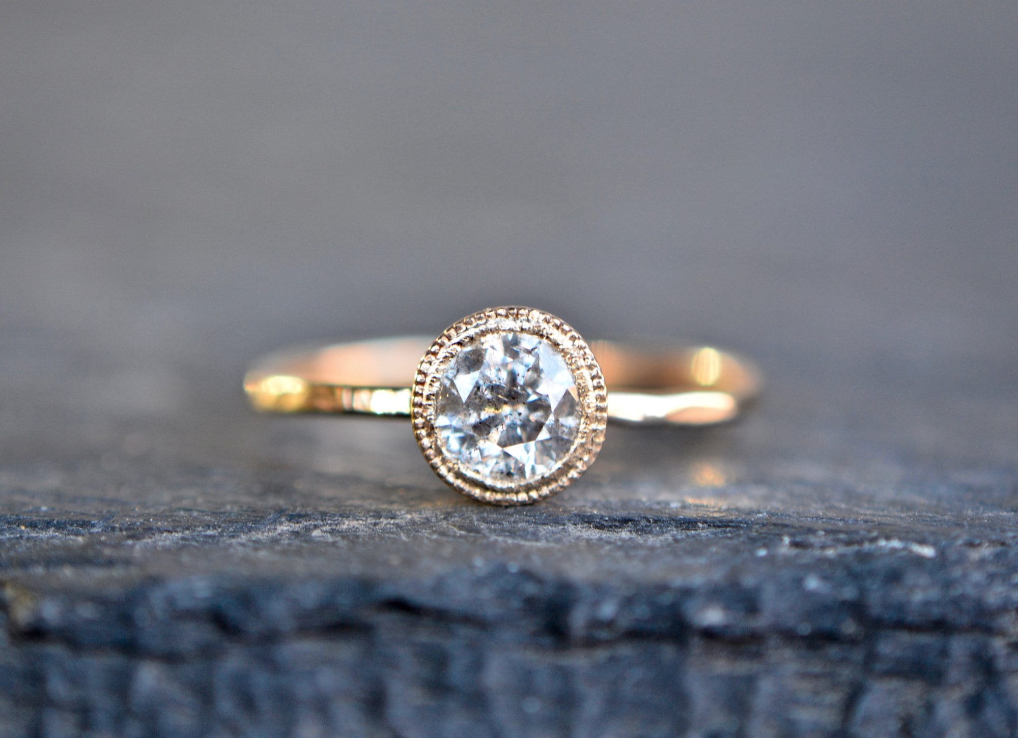 Salt Pepper Diamond Bezel Set Engagement Ring 14k Gold, detail view