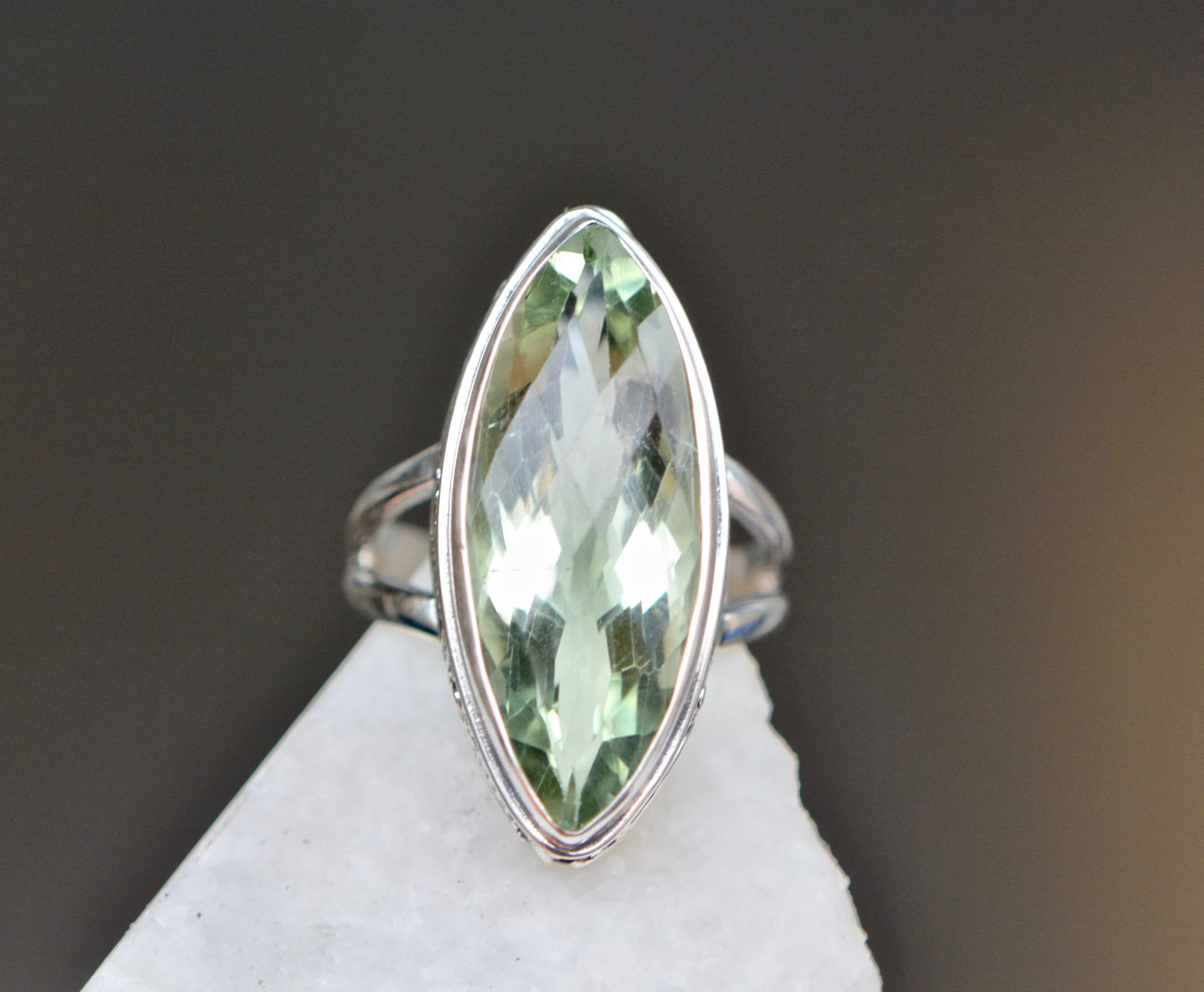 Green Amethyst Marquise Sterling Silver Statement Ring Size 7 : Vermarine Prasiolite Ring