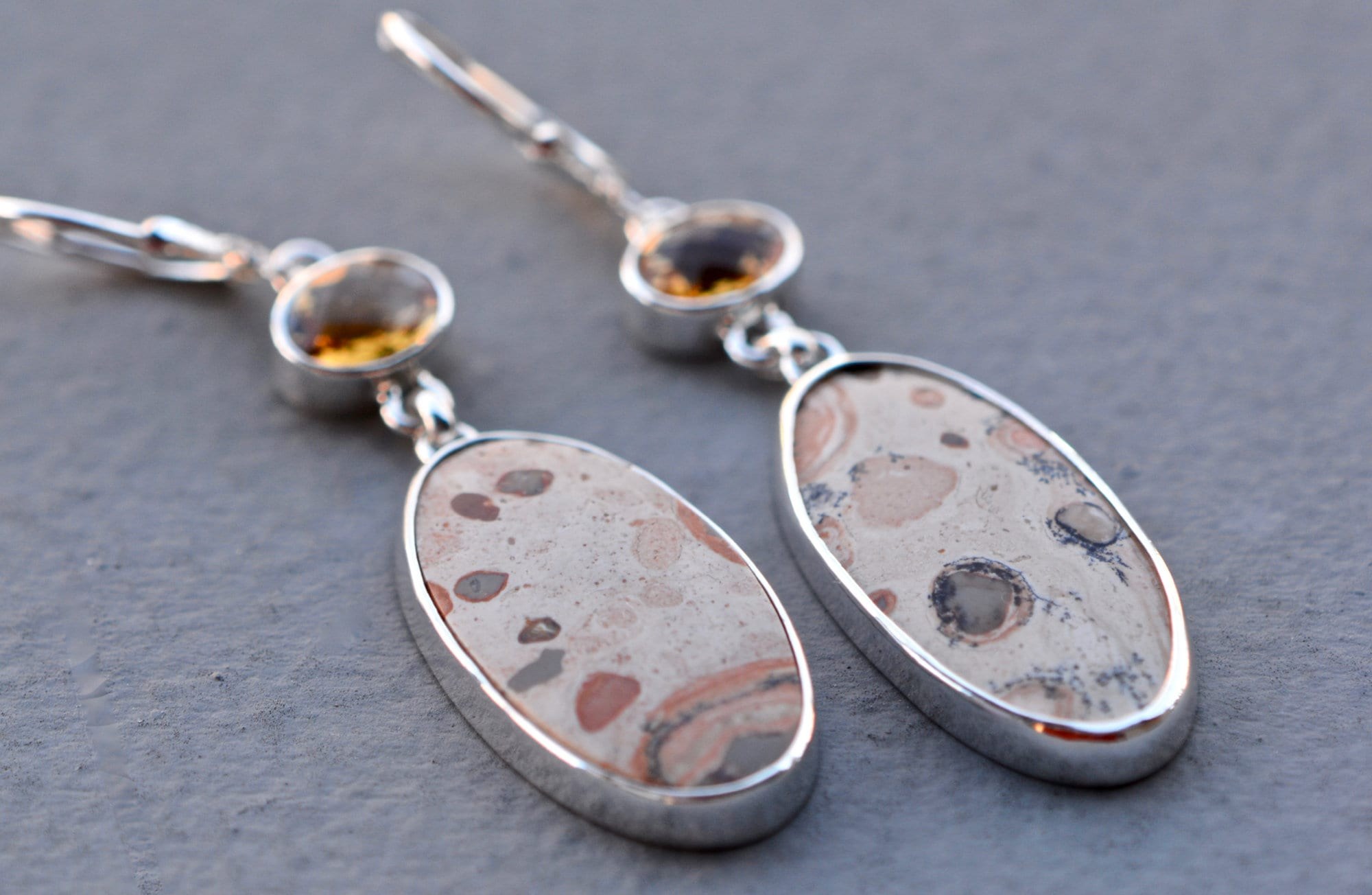 Citrine & Yellow Jasper Earrings, Sterling Silver Dangly Earrings, November Birthstone, Natural Stone Drop Earring, Large Statement Earrings, detail view