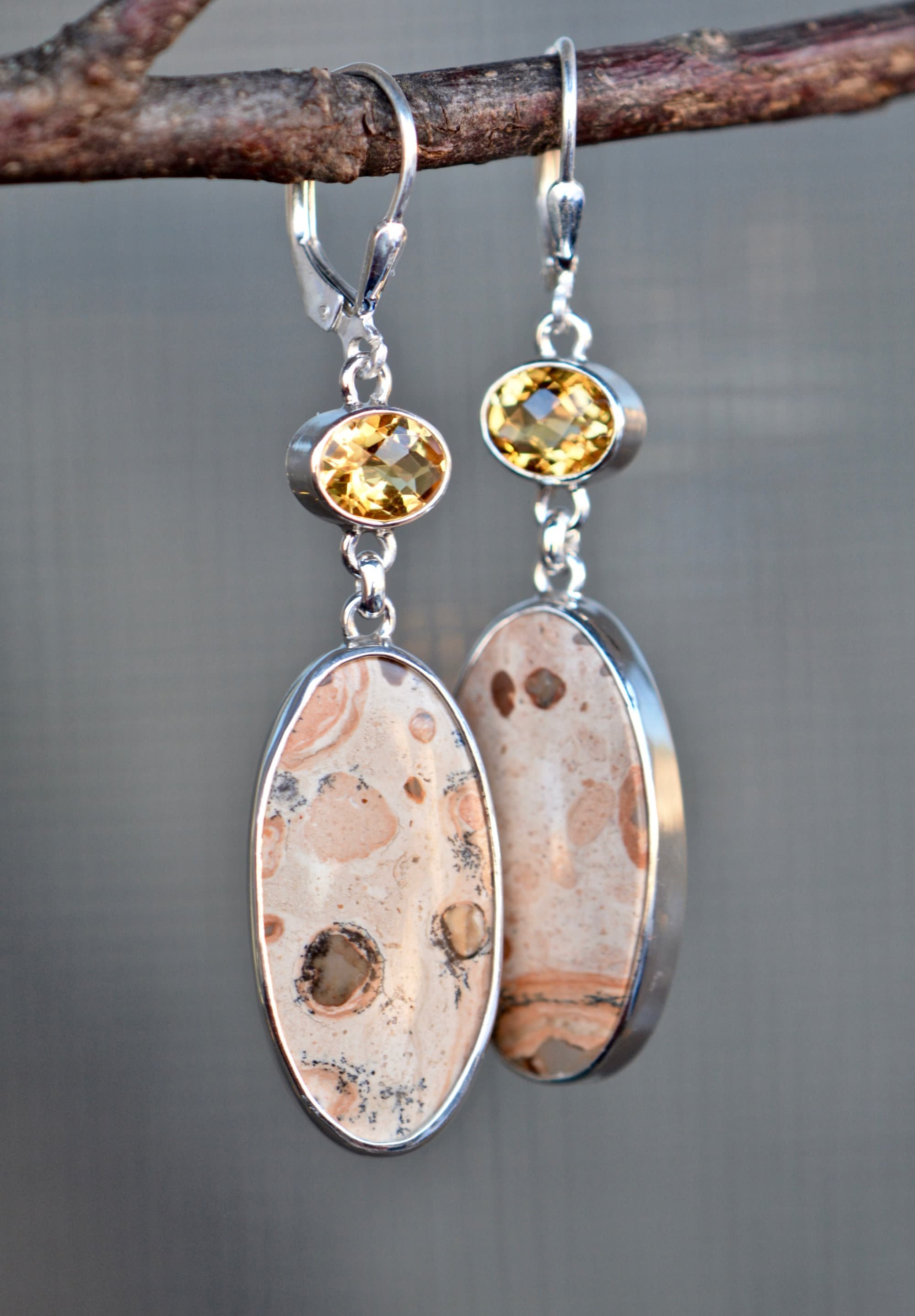Citrine & Yellow Jasper Earrings, Sterling Silver Dangly Earrings, November Birthstone, Natural Stone Drop Earring, Large Statement Earrings, detail view