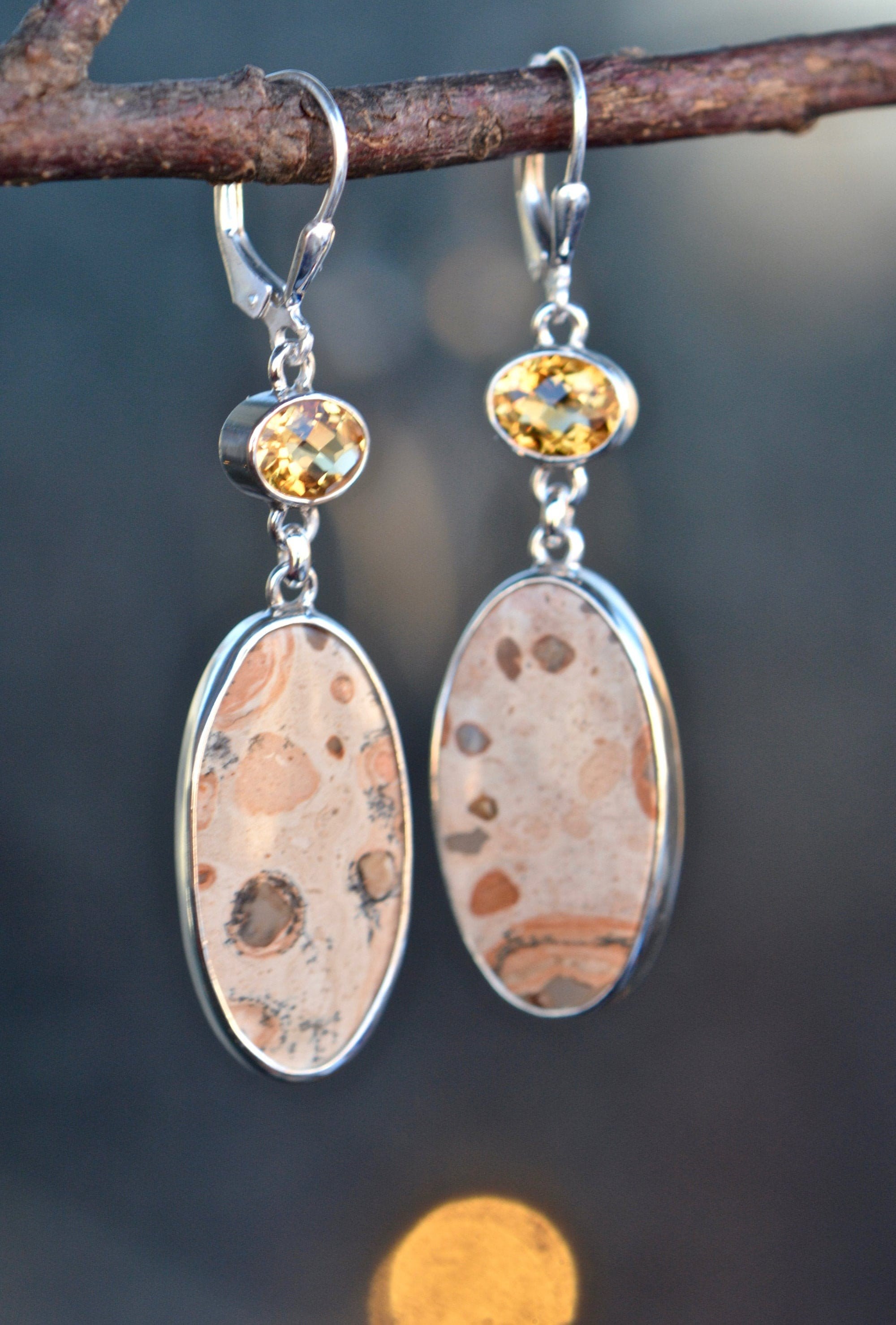 Citrine & Yellow Jasper Earrings, Sterling Silver Dangly Earrings, November Birthstone, Natural Stone Drop Earring, Large Statement Earrings