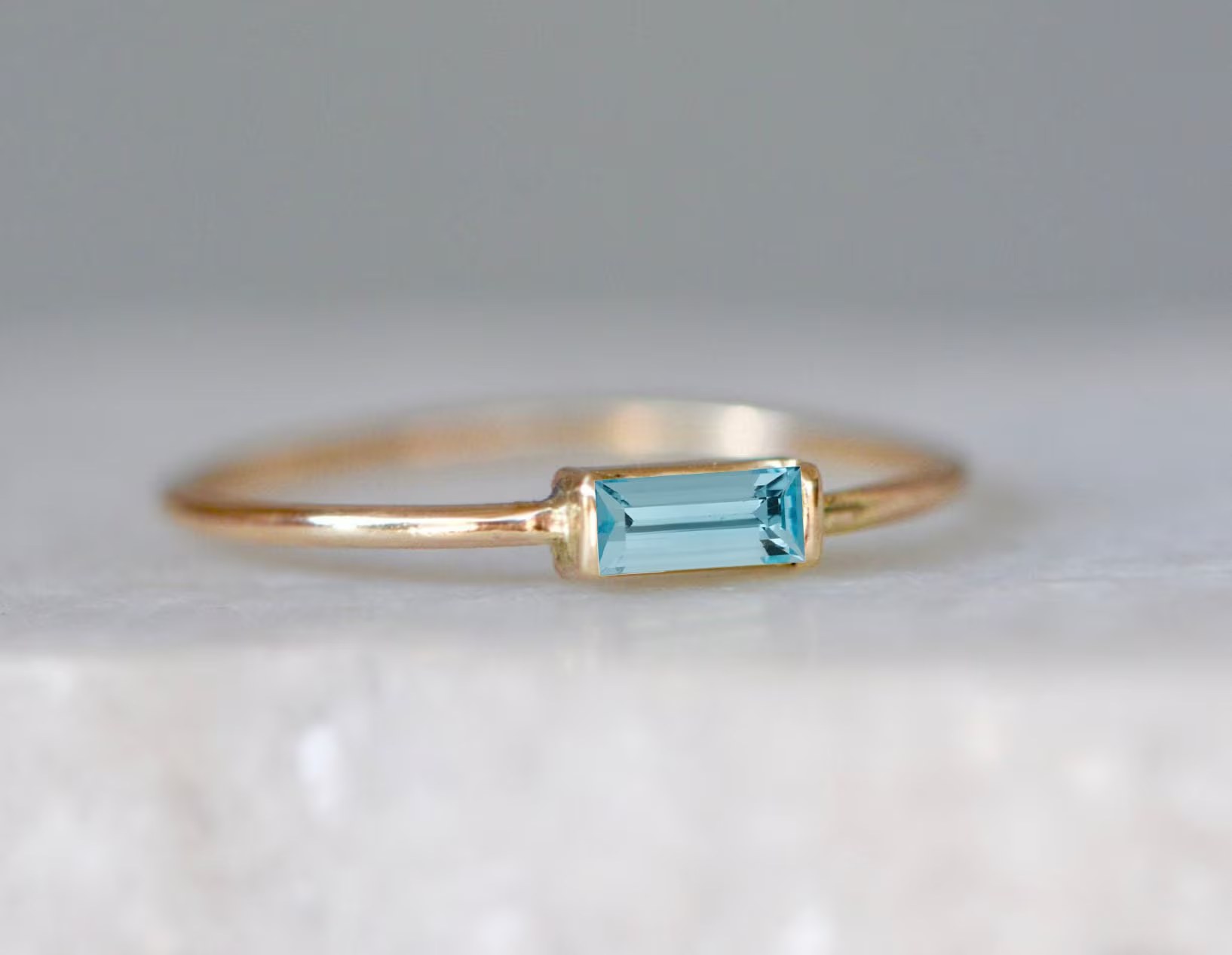 Aquamarine Baguette 14k Gold Ring: Minimalist Art Deco March Birthstone Jewelry