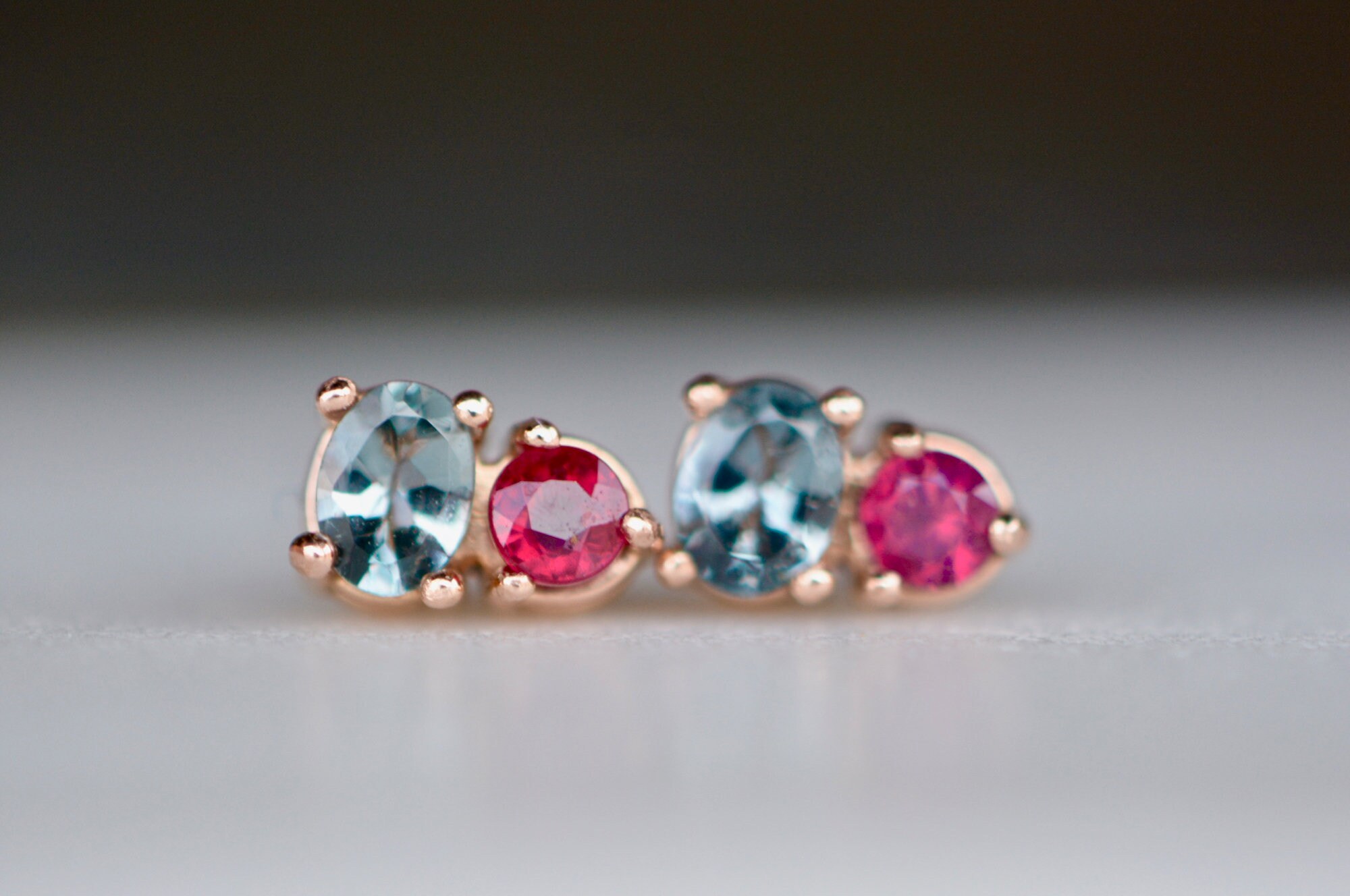 Ruby & Gray Spinel 14k Rose Gold Stud Earrings : July August Birthstone Jewelry