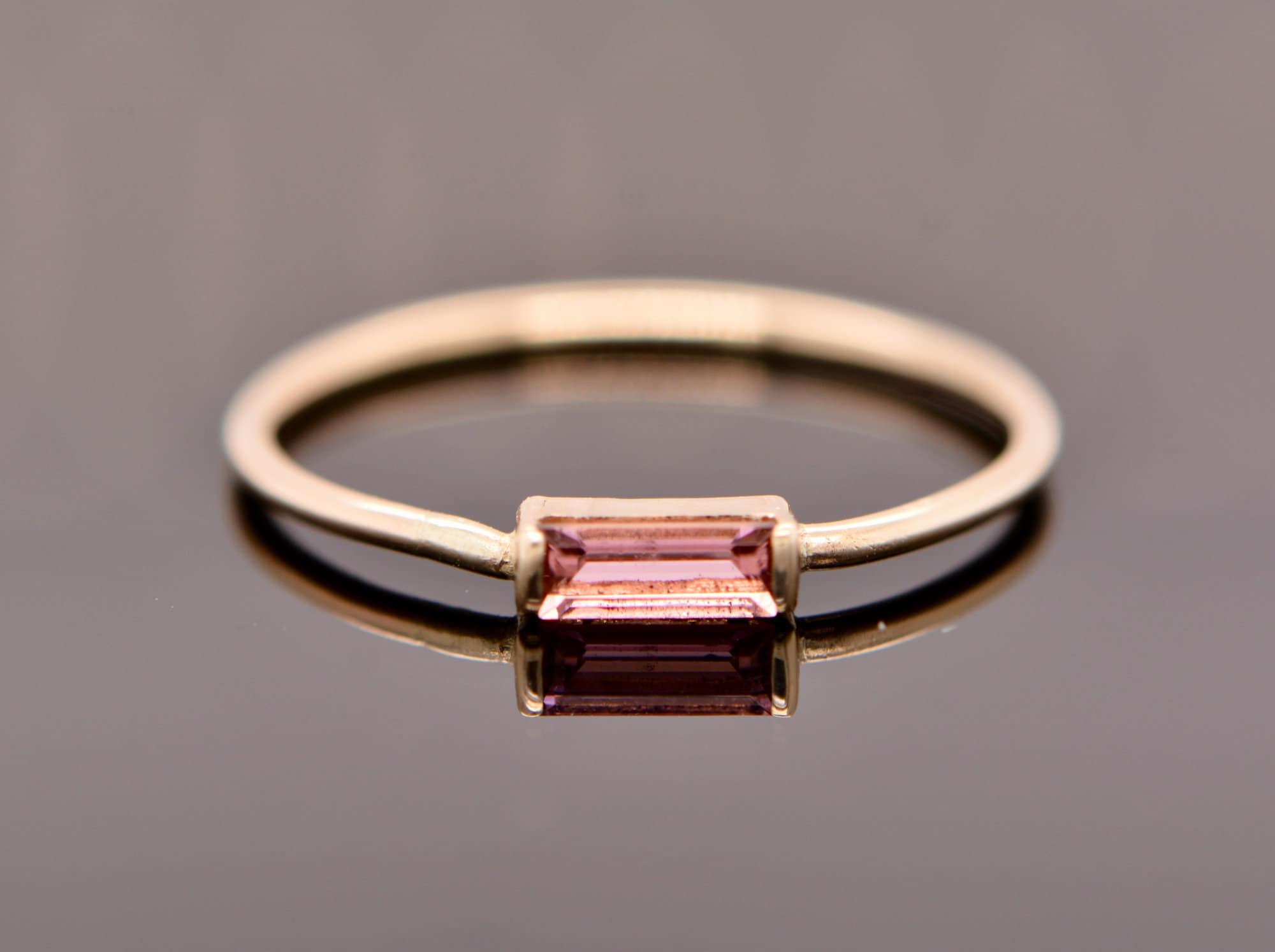 Pink Tourmaline 14k Gold Art Deco Style Baguette Ring: Minimalist Stacking Ring October Birthstone