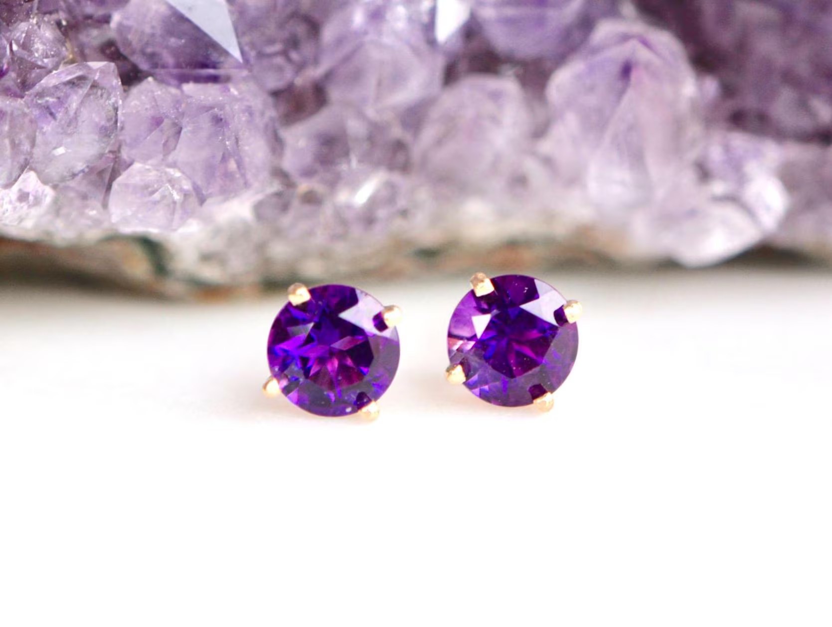 AAA Amethyst 14k Gold Round Stud Earrings: February Birthstone Gift