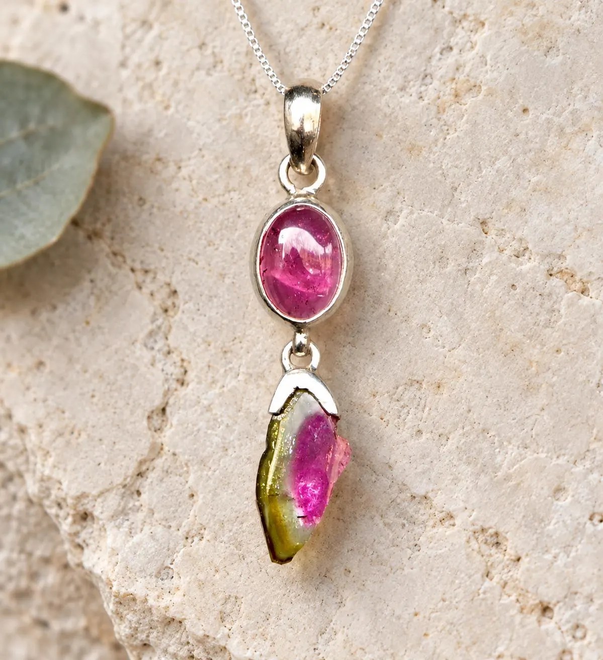 Watermelon Tourmaline & Pink Tourmaline Sterling Silver Pendant : October Birthstone Jewelry