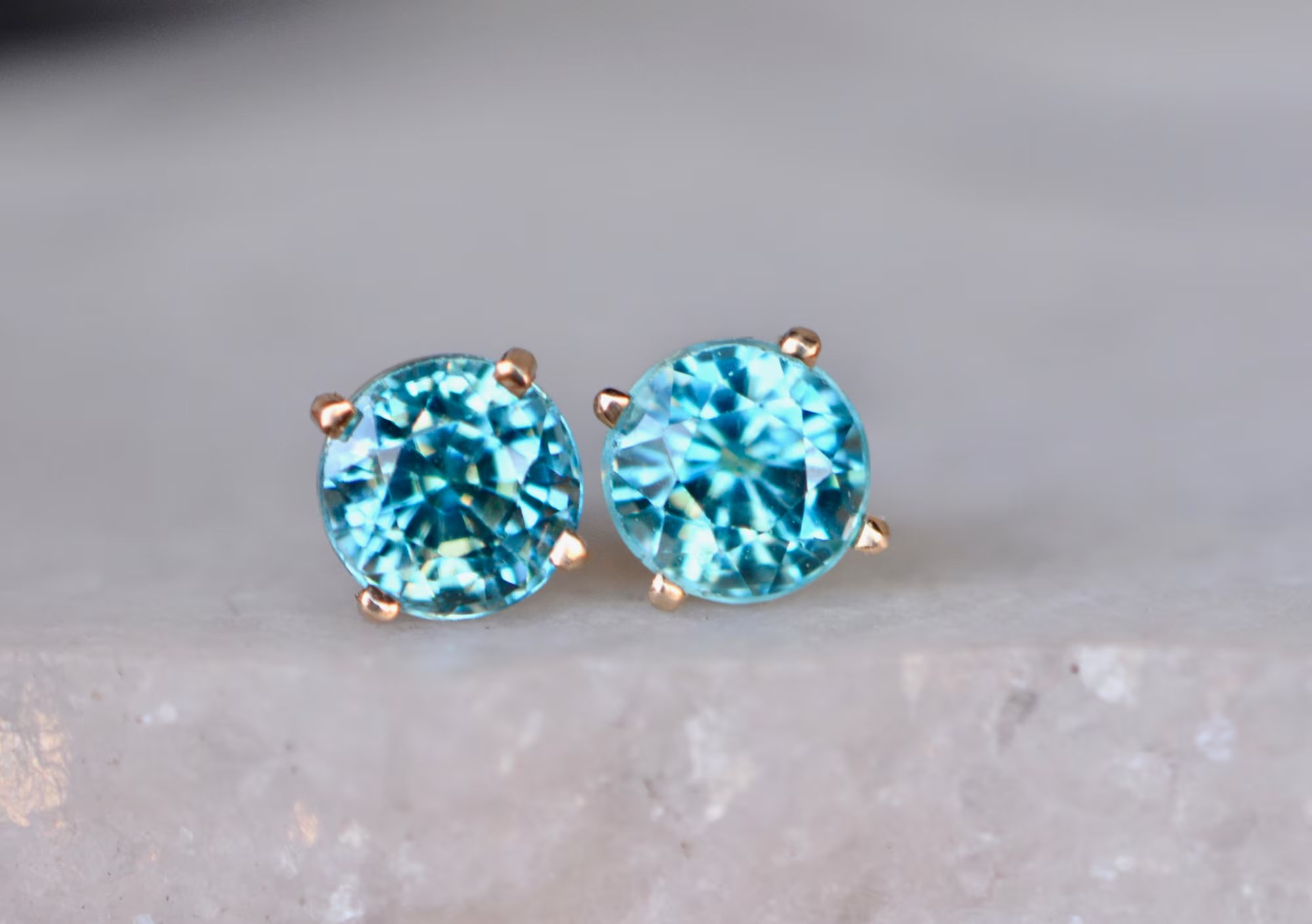 Blue Zircon Earrings 14k Gold, 6mm Solid Gold Stud Earring, December Birthstone Jewelry, Blue Gemstone Earrings for Her