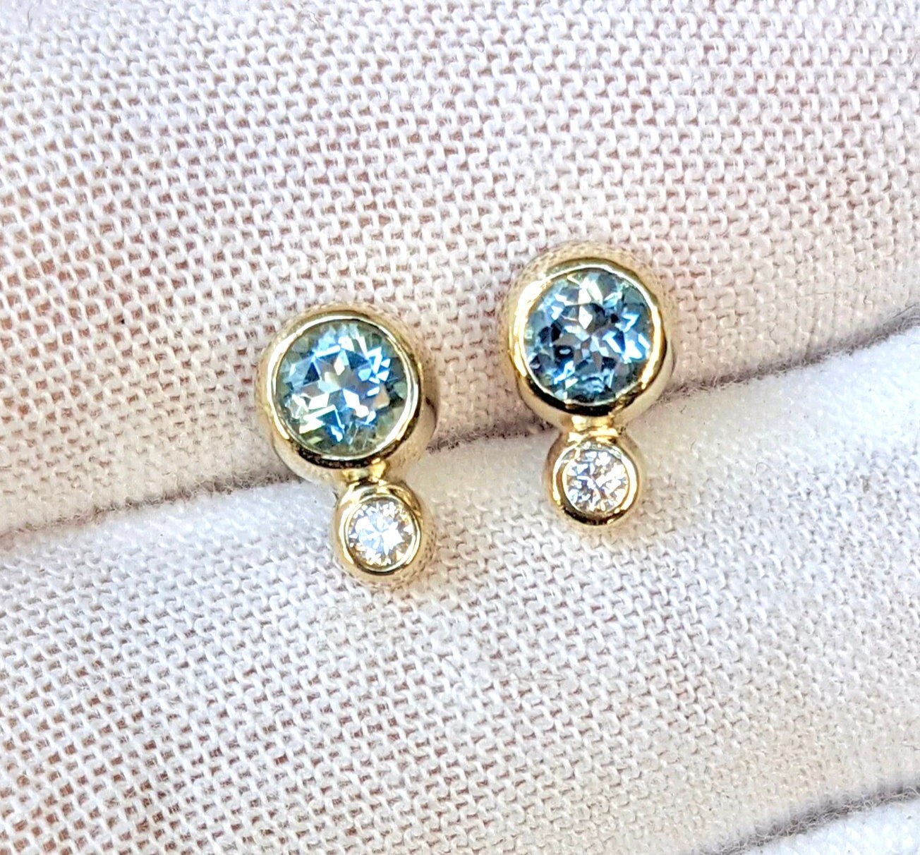 Aquamarine AA & Diamond Bezel Stud Earrings Solid 14k Gold : March Birthstone Jewelry