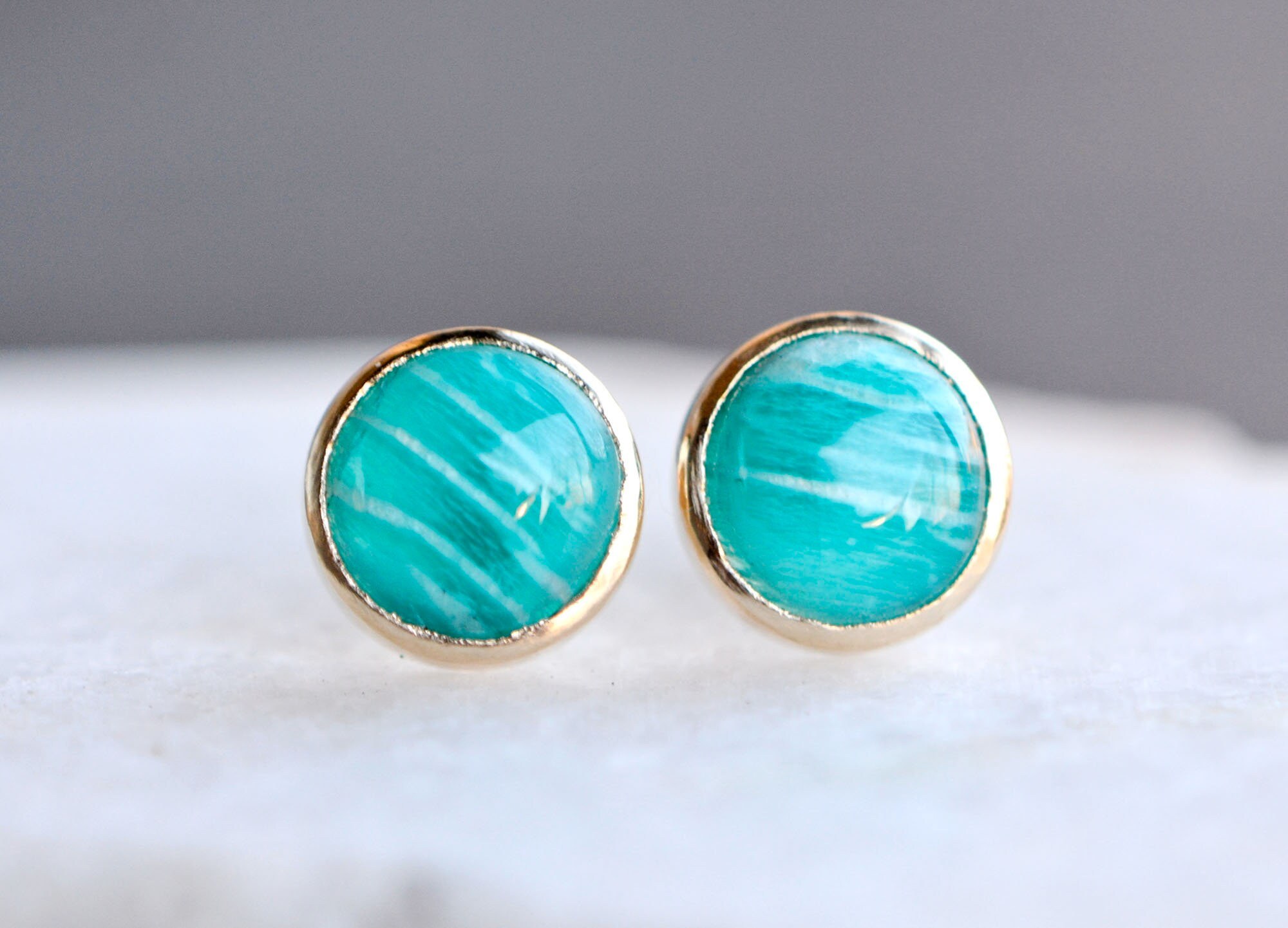 Amazonite Bezel Set Round Blue Stud Earrings 14k Gold