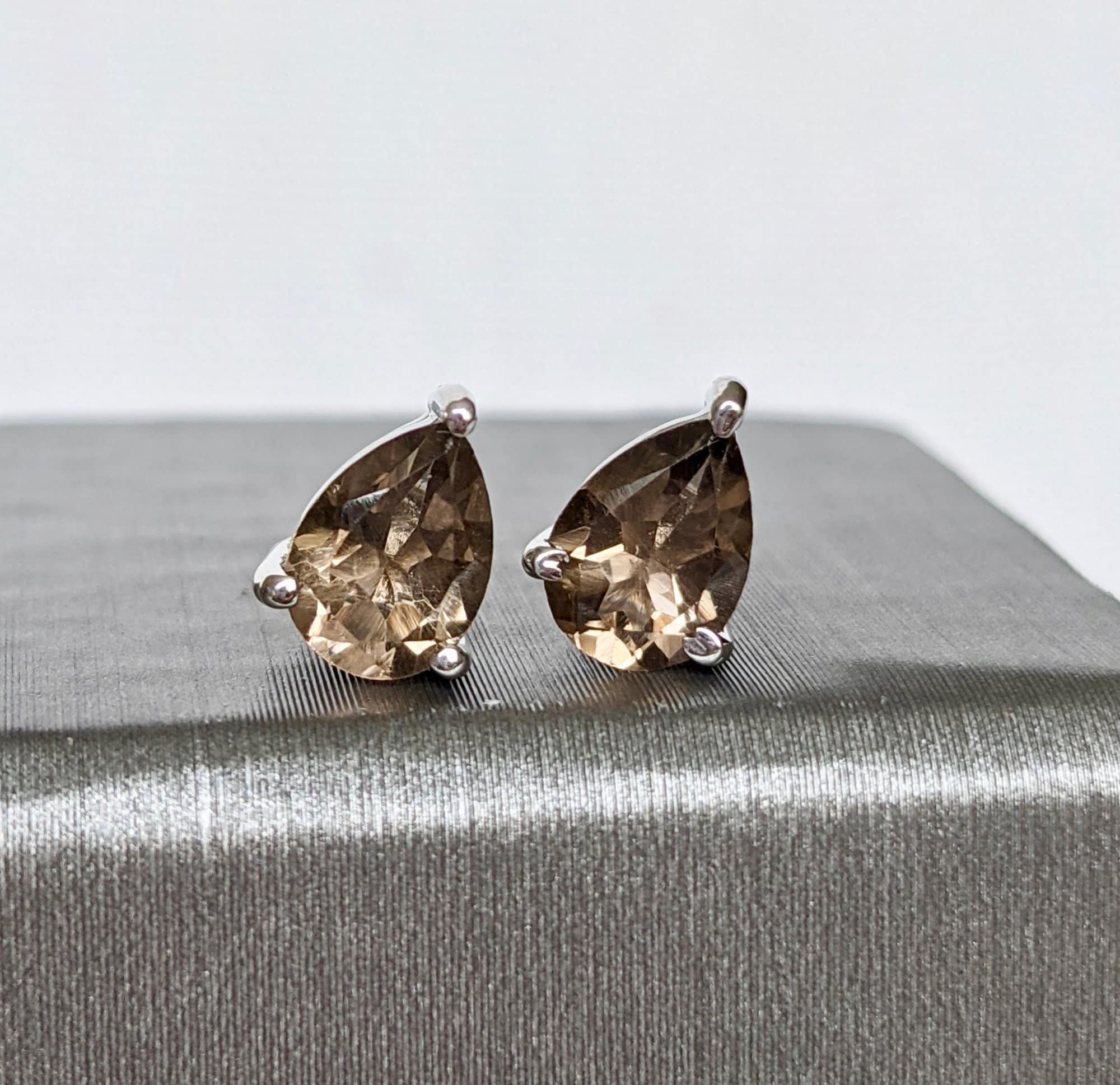 Smoky Quartz Teardrop Sterling Silver Studs, Scorpio Birthstone Earrings, detail view