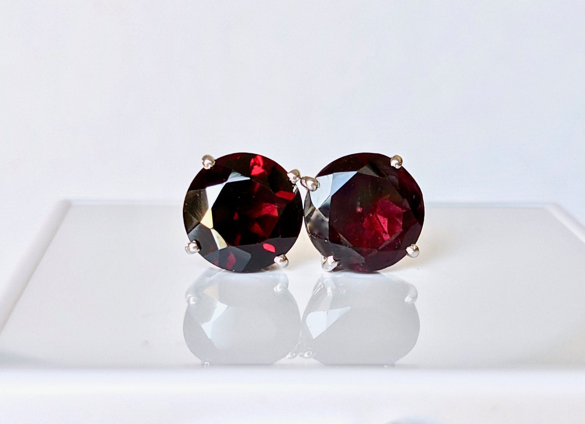10mm Large Garnet Stud Earrings Sterling Silver : January Birthstone