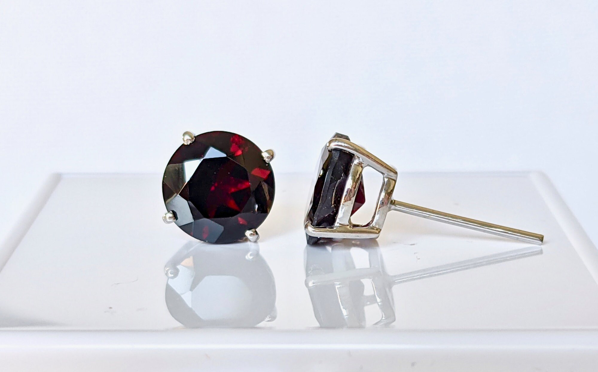 10mm Large Garnet Stud Earrings Sterling Silver : January Birthstone, detail view