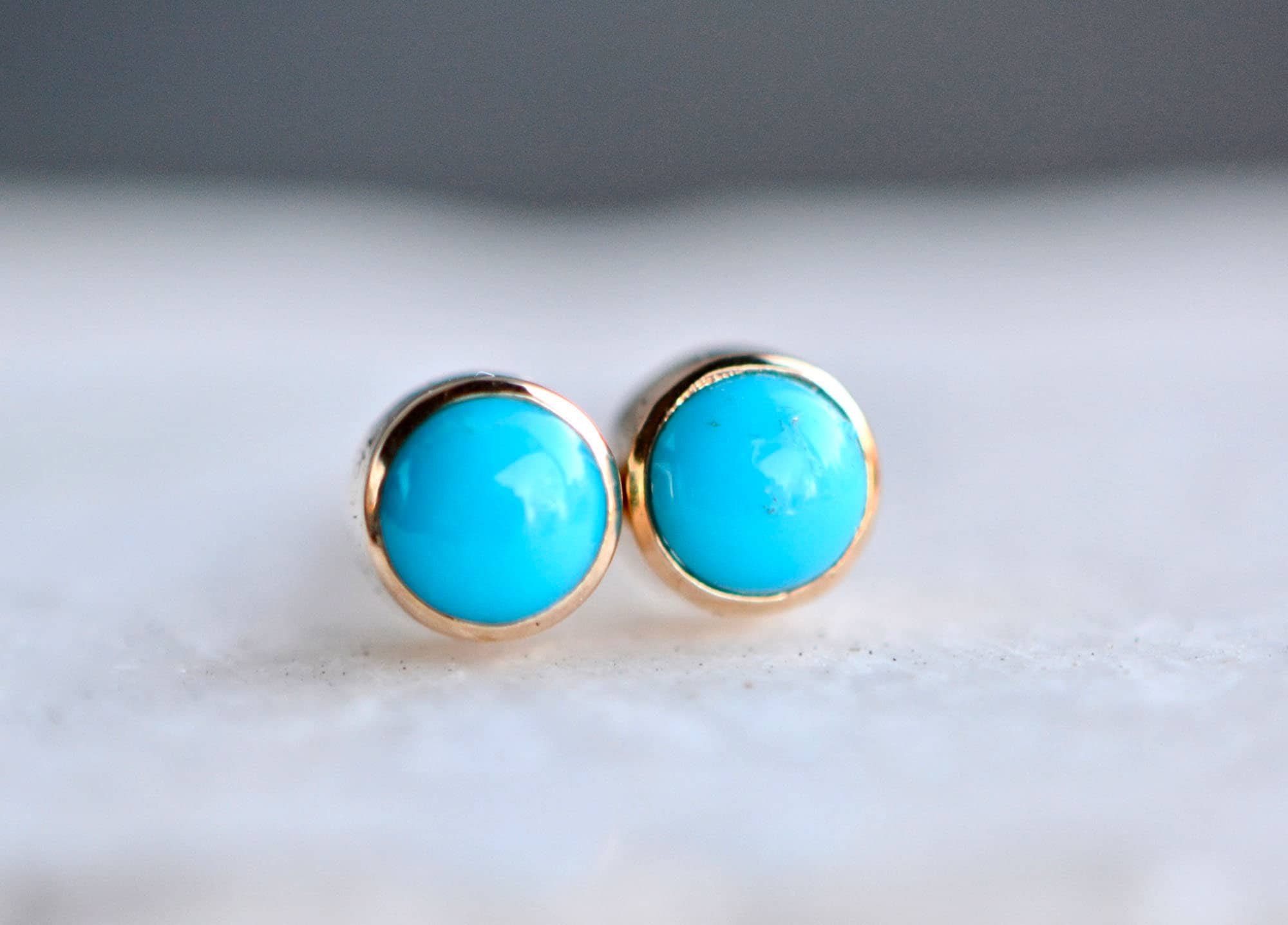 Sleeping Beauty Turquoise 14k Gold Round Stud Earrings : 6th or 11th Anniversary Gift