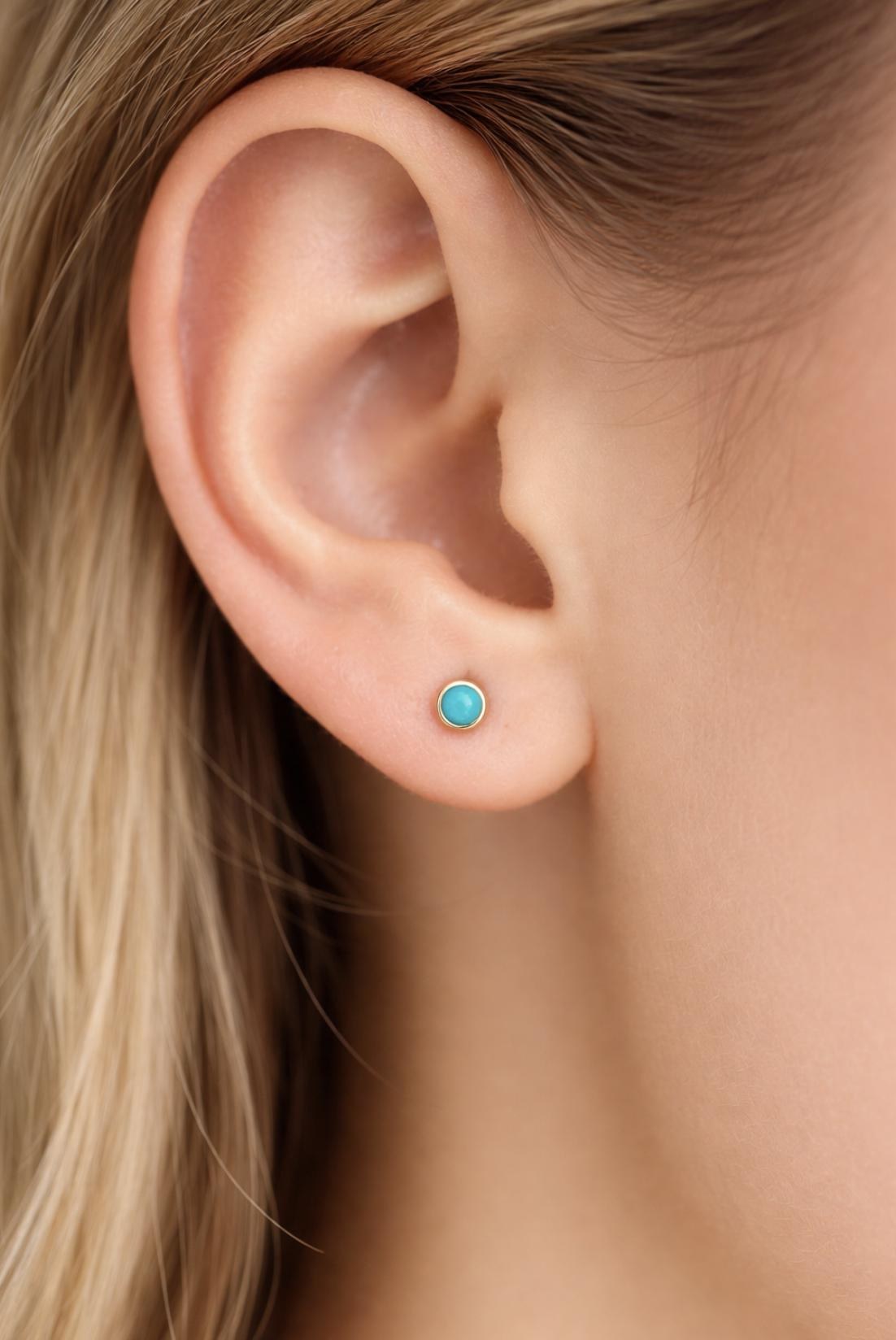 Sleeping Beauty Turquoise 14k Gold Round Stud Earrings : 6th or 11th Anniversary Gift, worn view