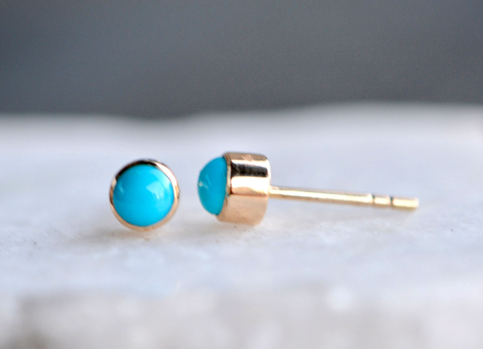 Sleeping Beauty Turquoise 14k Gold Round Stud Earrings : 6th or 11th Anniversary Gift, detail view