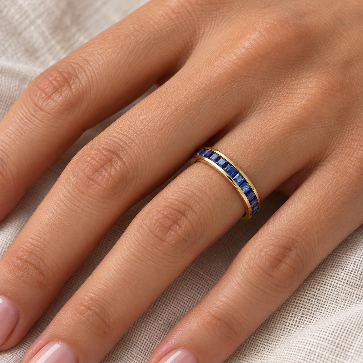 Sapphire Channel Set Eternity Band 14k Gold, September Birthstone, worn view