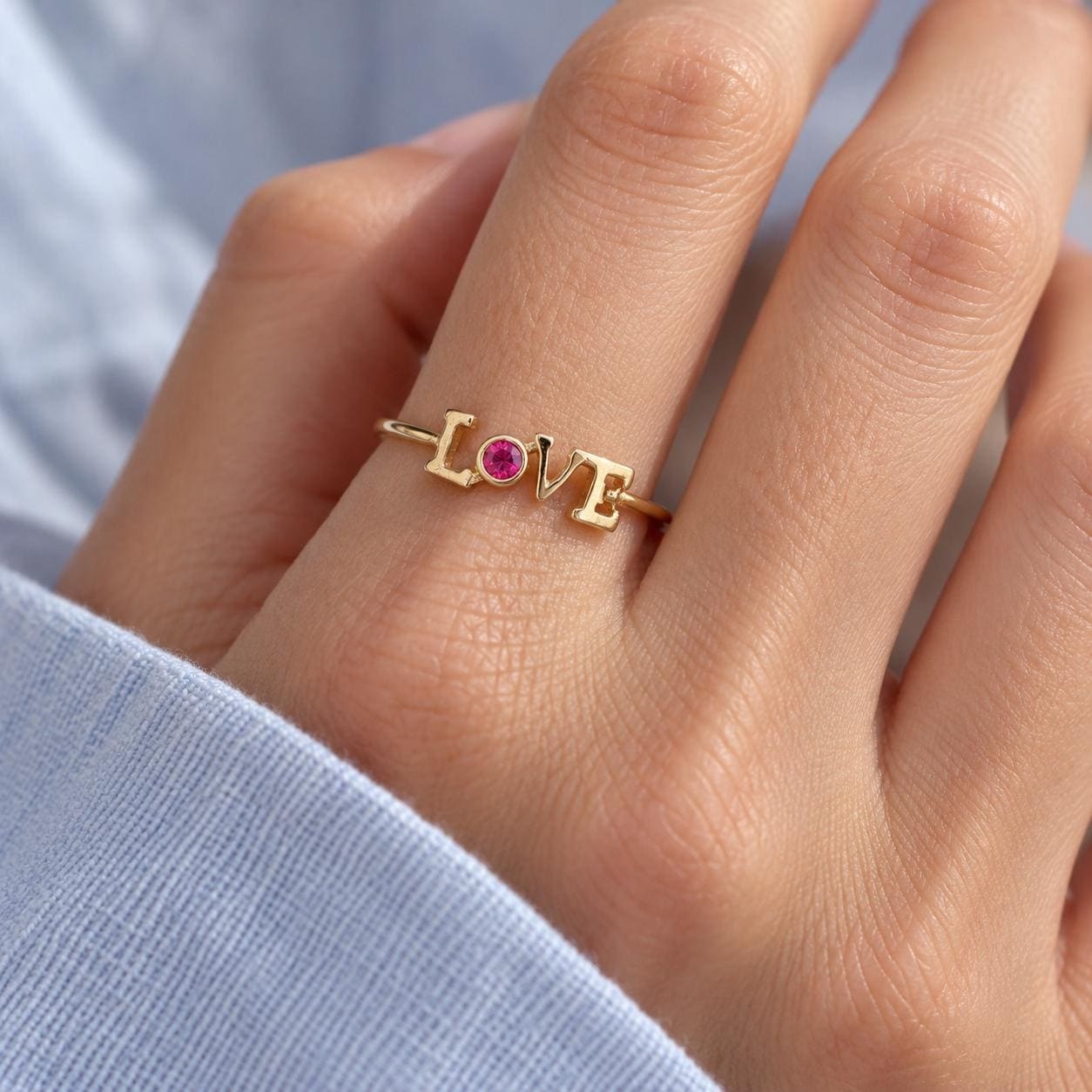 Love Ring 14k Gold Personalized Birthstone Ring, worn view