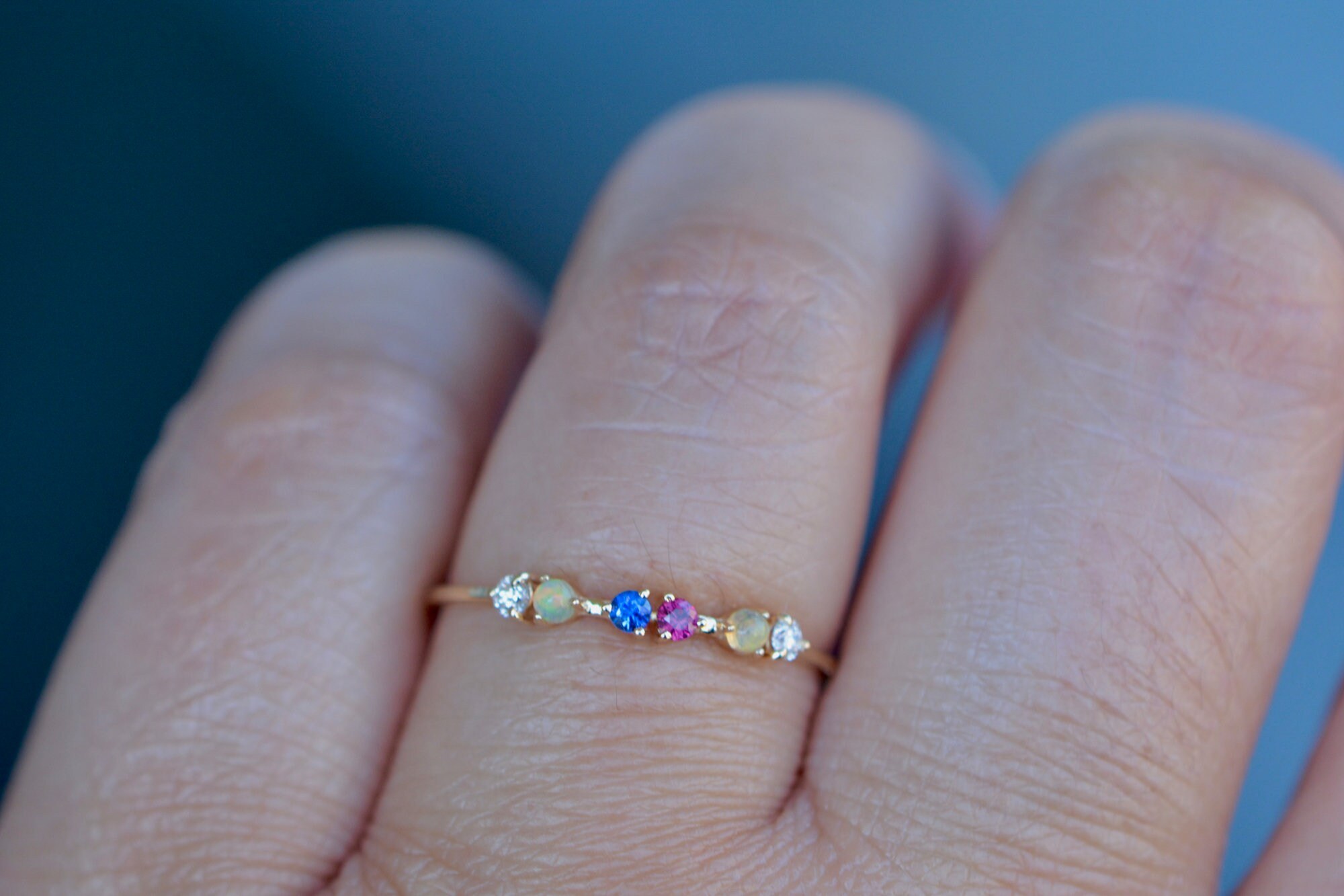 Minimalist Sapphire Ruby Opal & Diamond 14k Gold Dainty Ring : July August September Birthstones