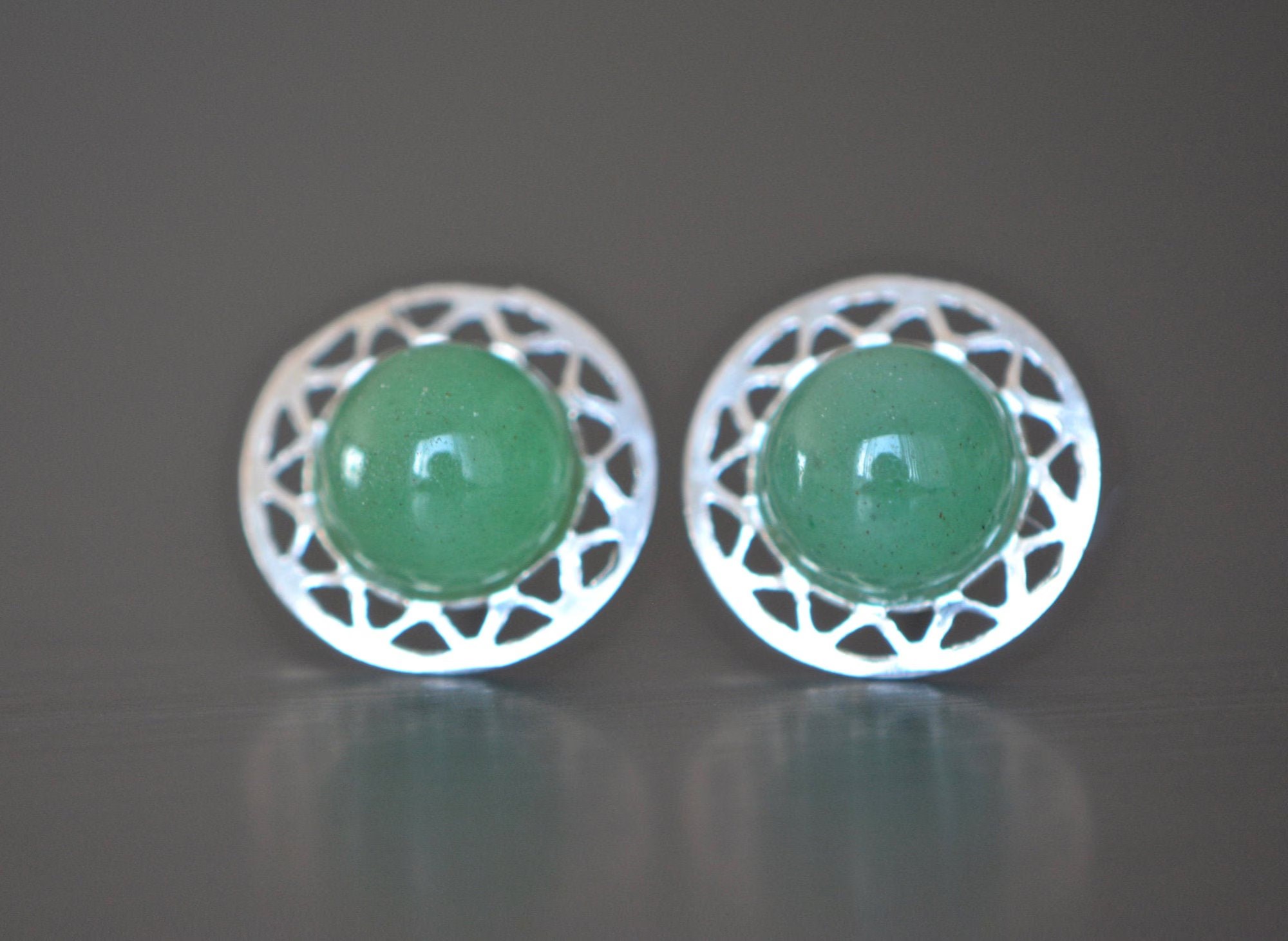 Aventurine Round Statement Stud Earrings in Sterling Silver : 15mm Green Gemstone