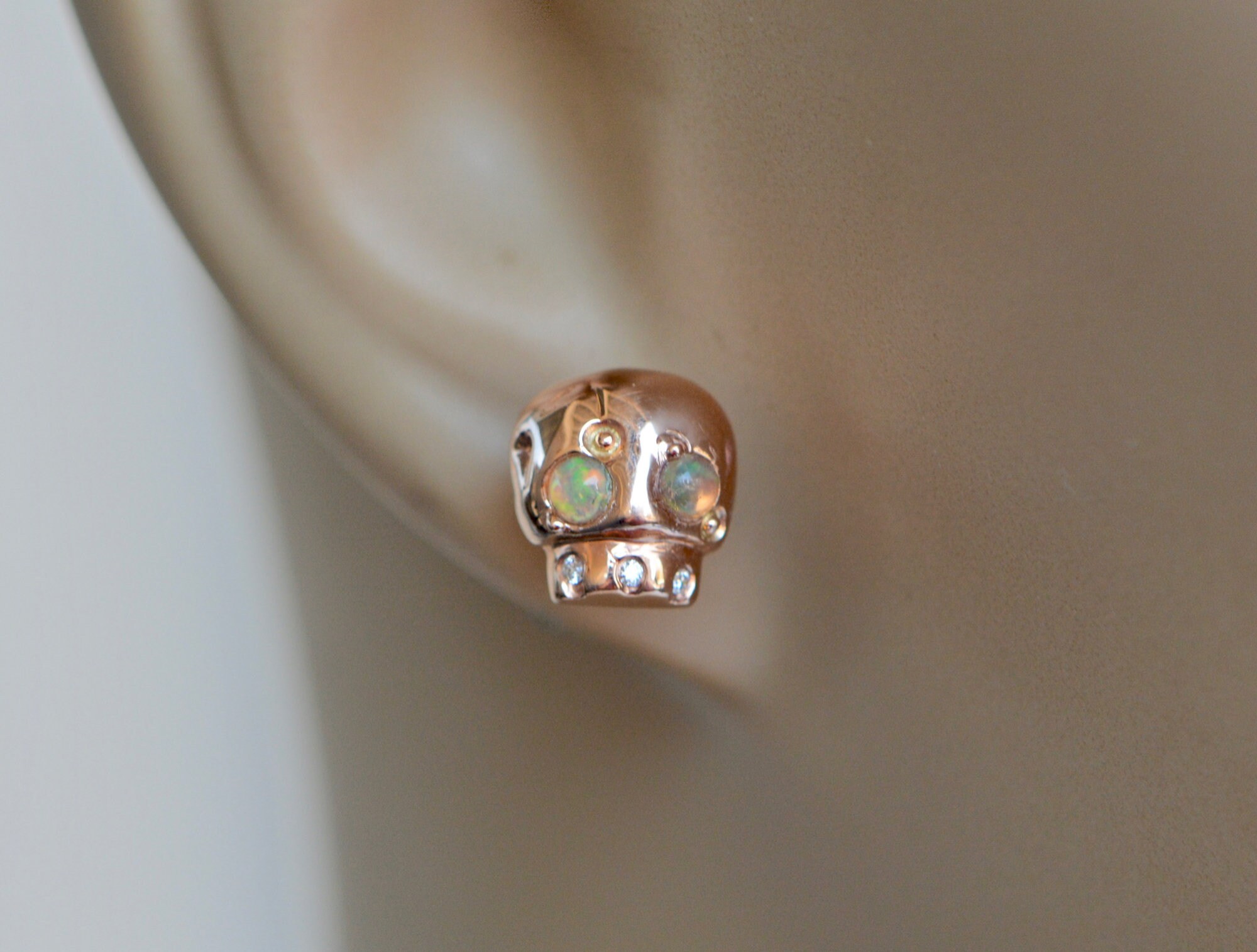 Skull Studs with Opals & Diamonds in Solid 14k Rose Gold : Momento Mori Jewelry, detail view