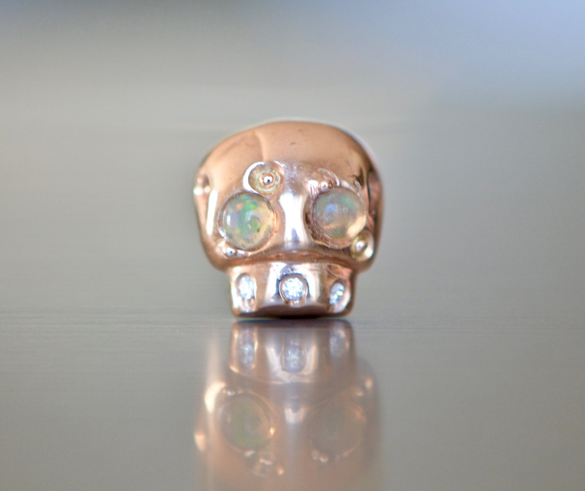 Skull Studs with Opals & Diamonds in Solid 14k Rose Gold : Momento Mori Jewelry, detail view