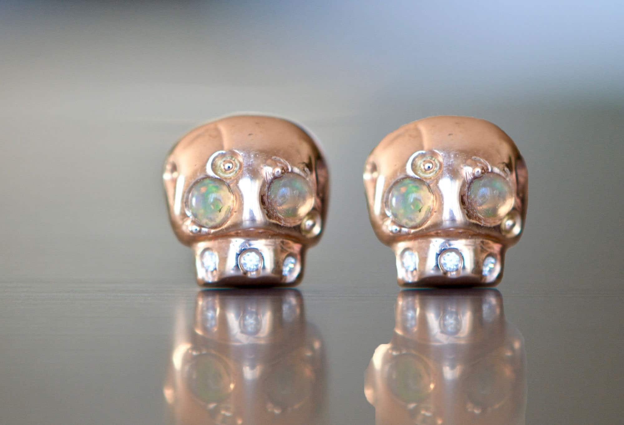Skull Studs with Opals & Diamonds in Solid 14k Rose Gold : Momento Mori Jewelry