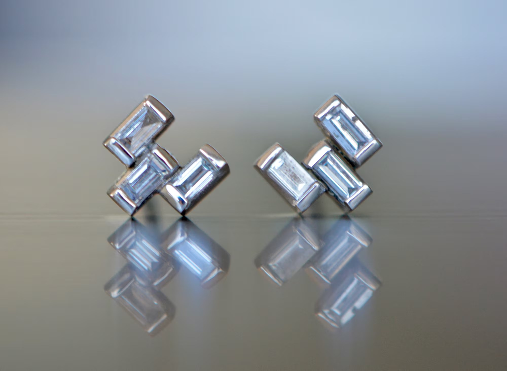 Baguette Diamond Stud Earrings Solid 14kt White Gold : 10th, 60th or 75th Anniversary Gift