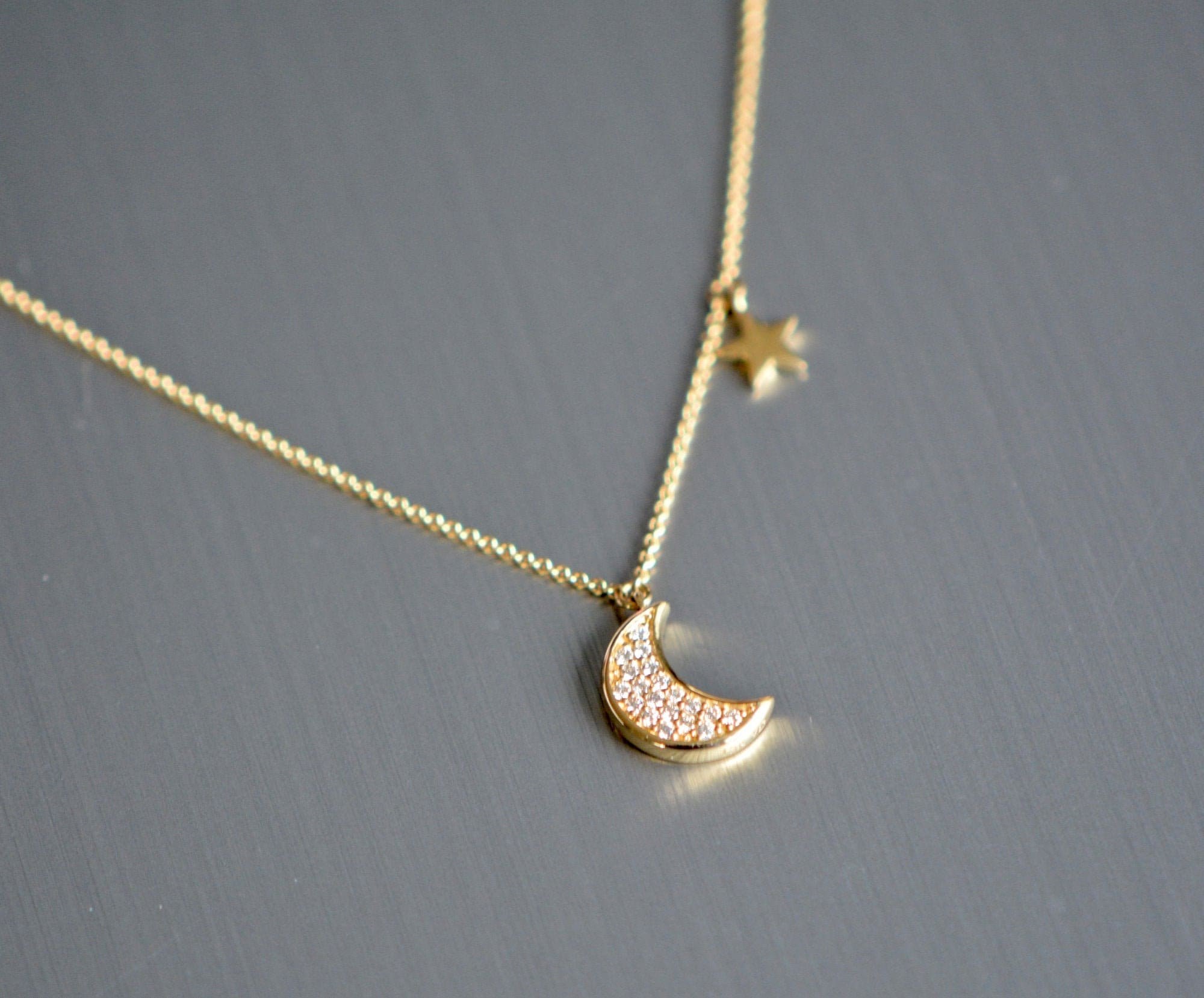 Moon and Star 14k Solid Gold Diamond Necklace, detail view