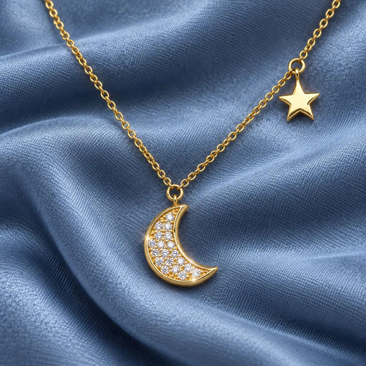 Moon and Star 14k Solid Gold Diamond Necklace, main view