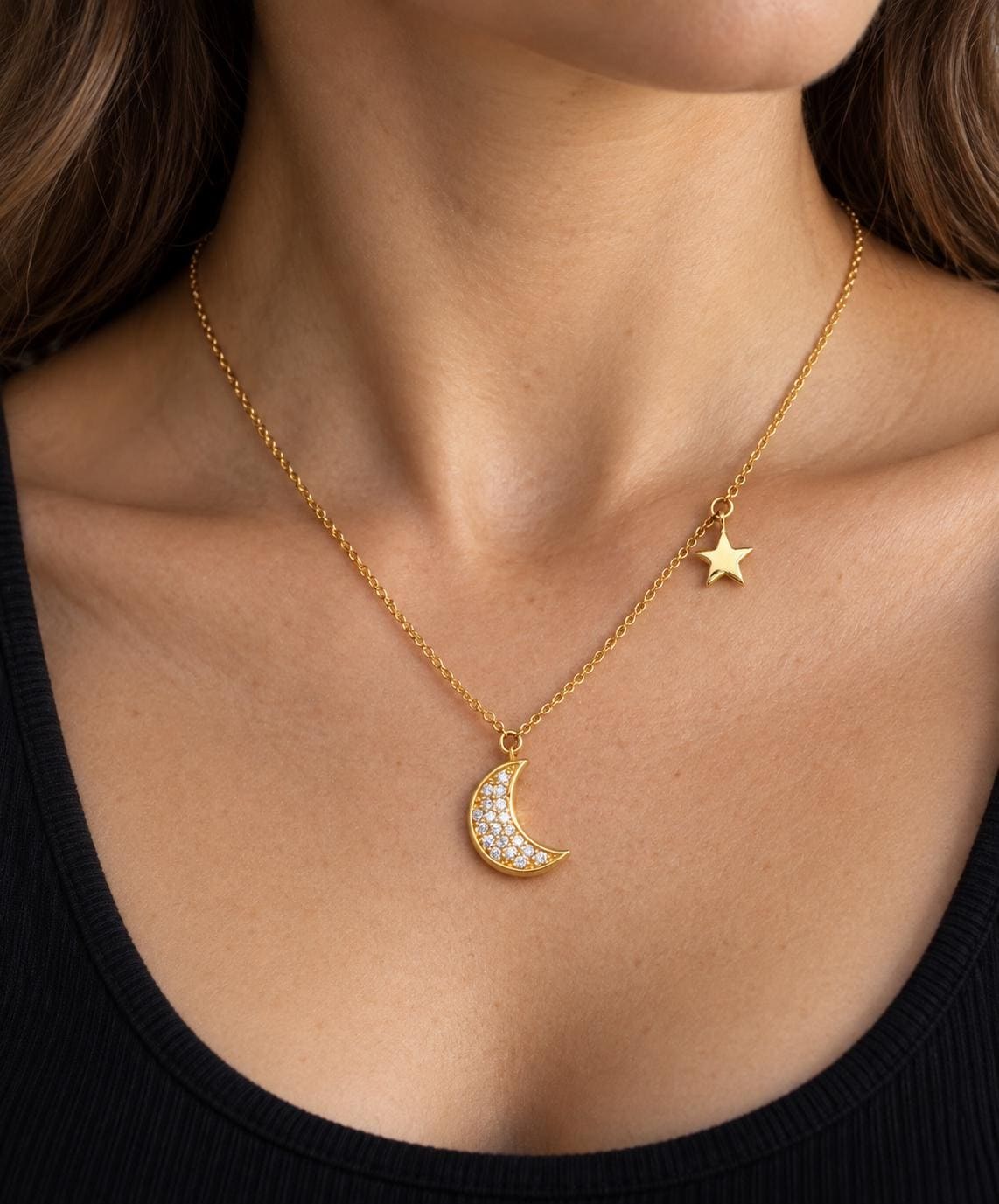 Moon and Star 14k Solid Gold Diamond Necklace, worn view