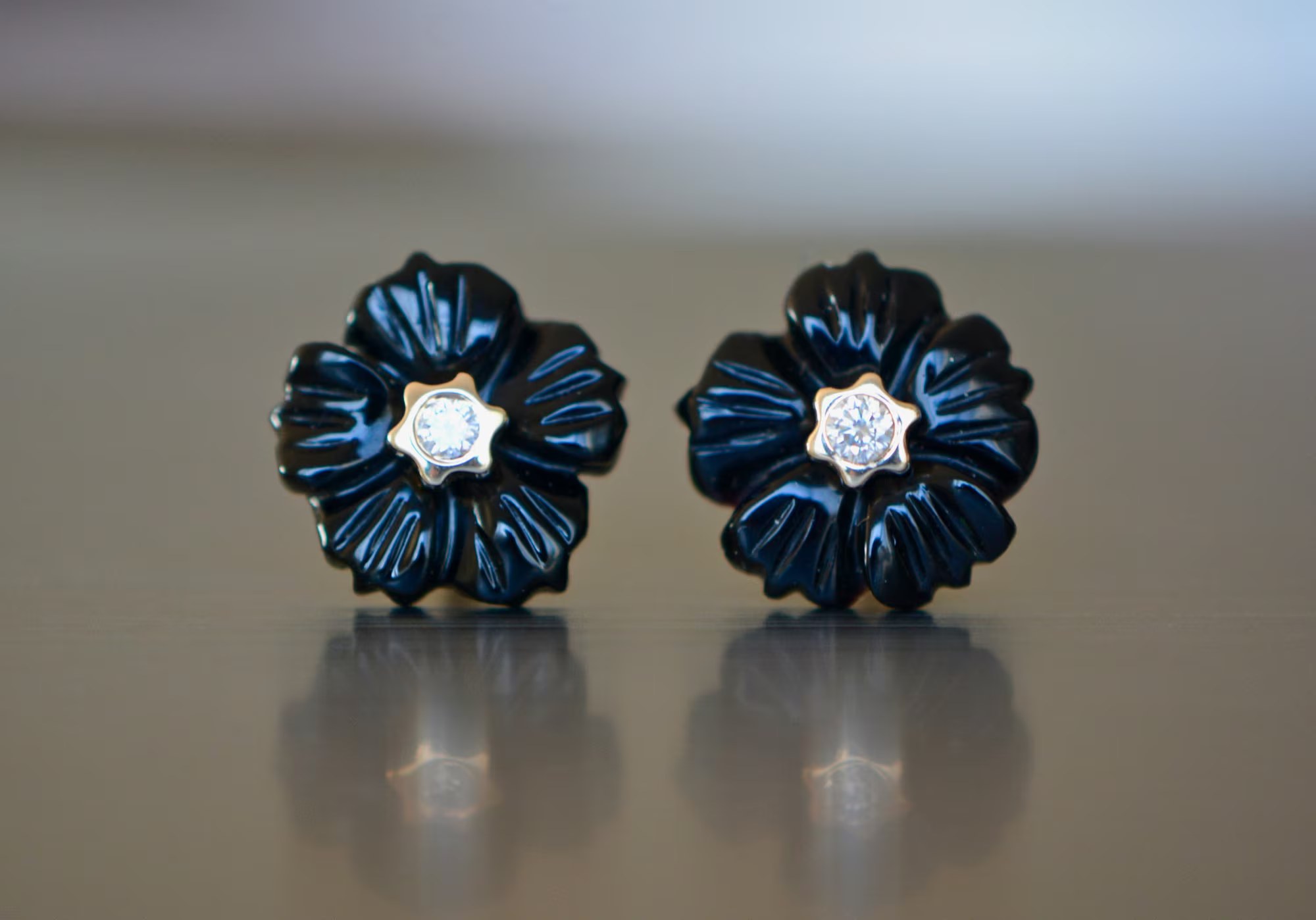 Black Onyx Convertable Floral Earrings with Diamonds Solid 14k Gold