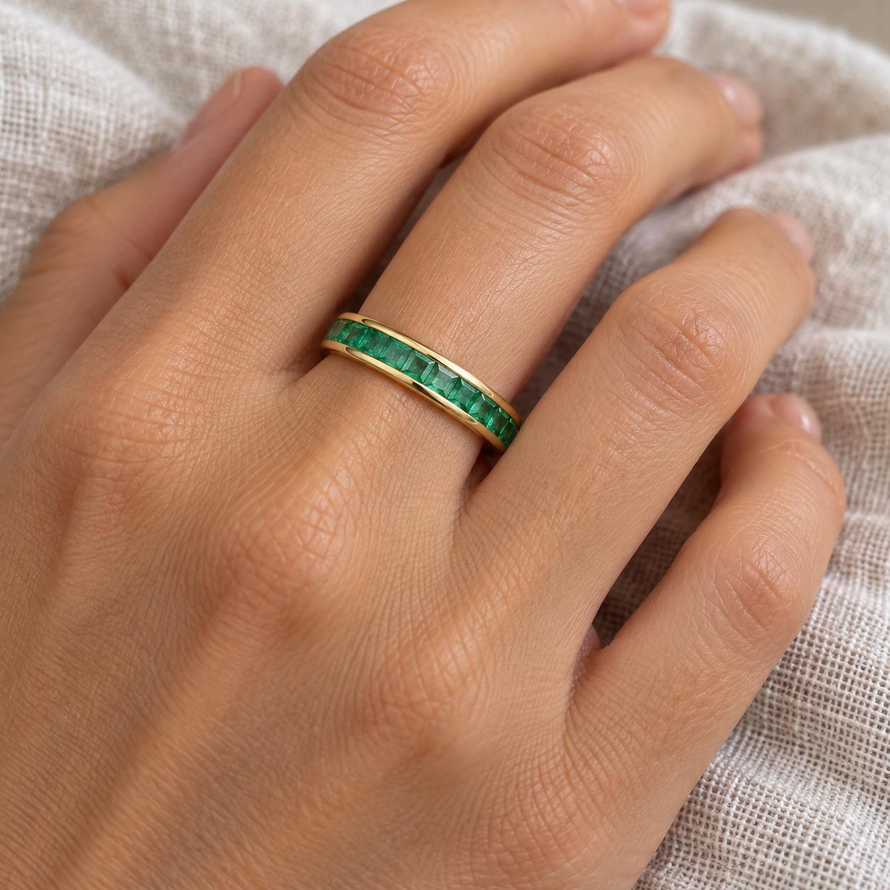 Emerald Eternity Band 14k Gold, May Birthstone Wedding Ring, worn view