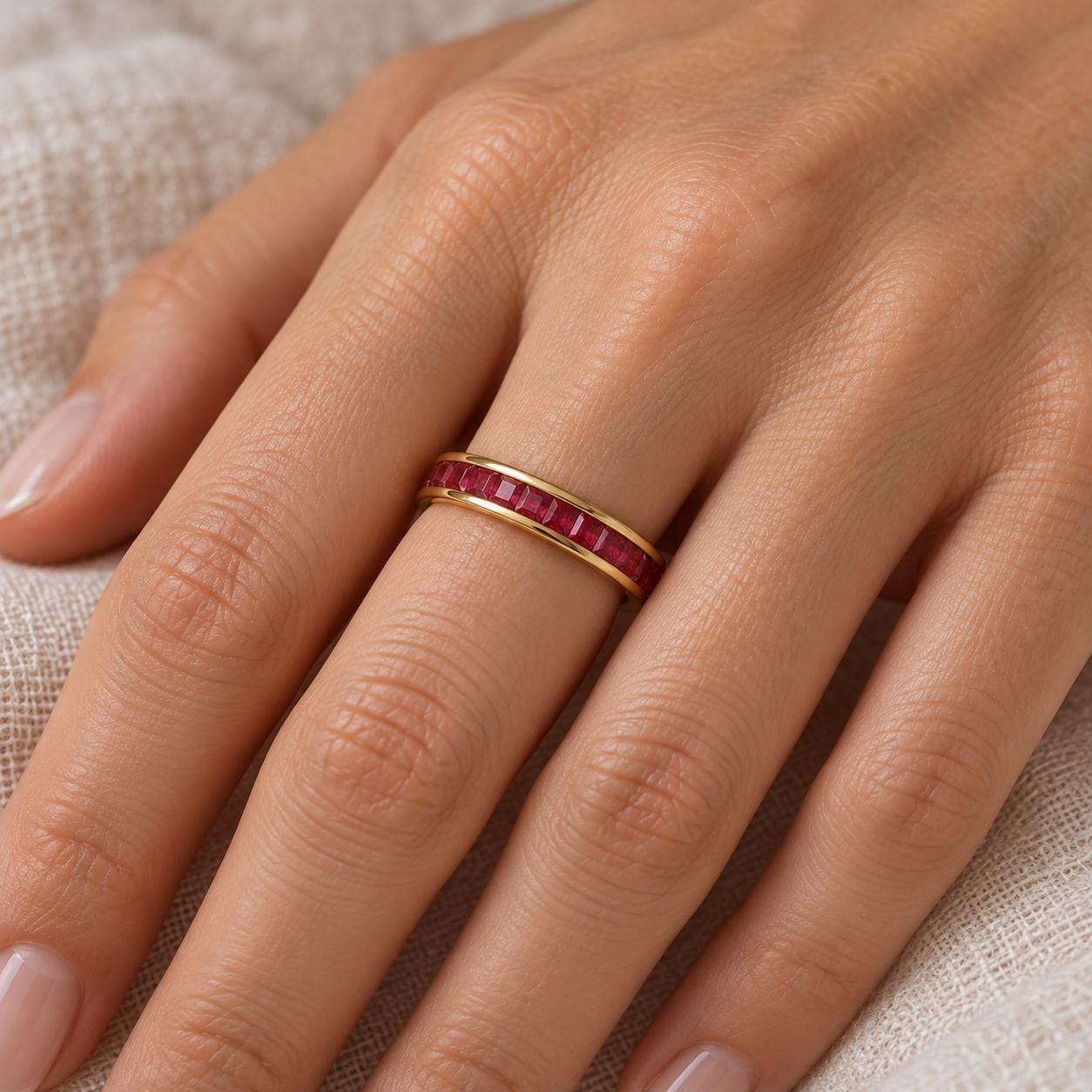 Ruby Eternity Band 14k Gold, July Birthstone Wedding Ring, worn view