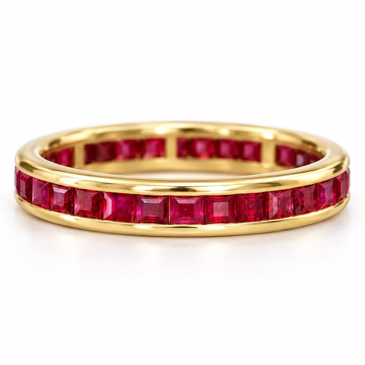 Ruby Eternity Band 14k Gold, July Birthstone Wedding Ring, detail view