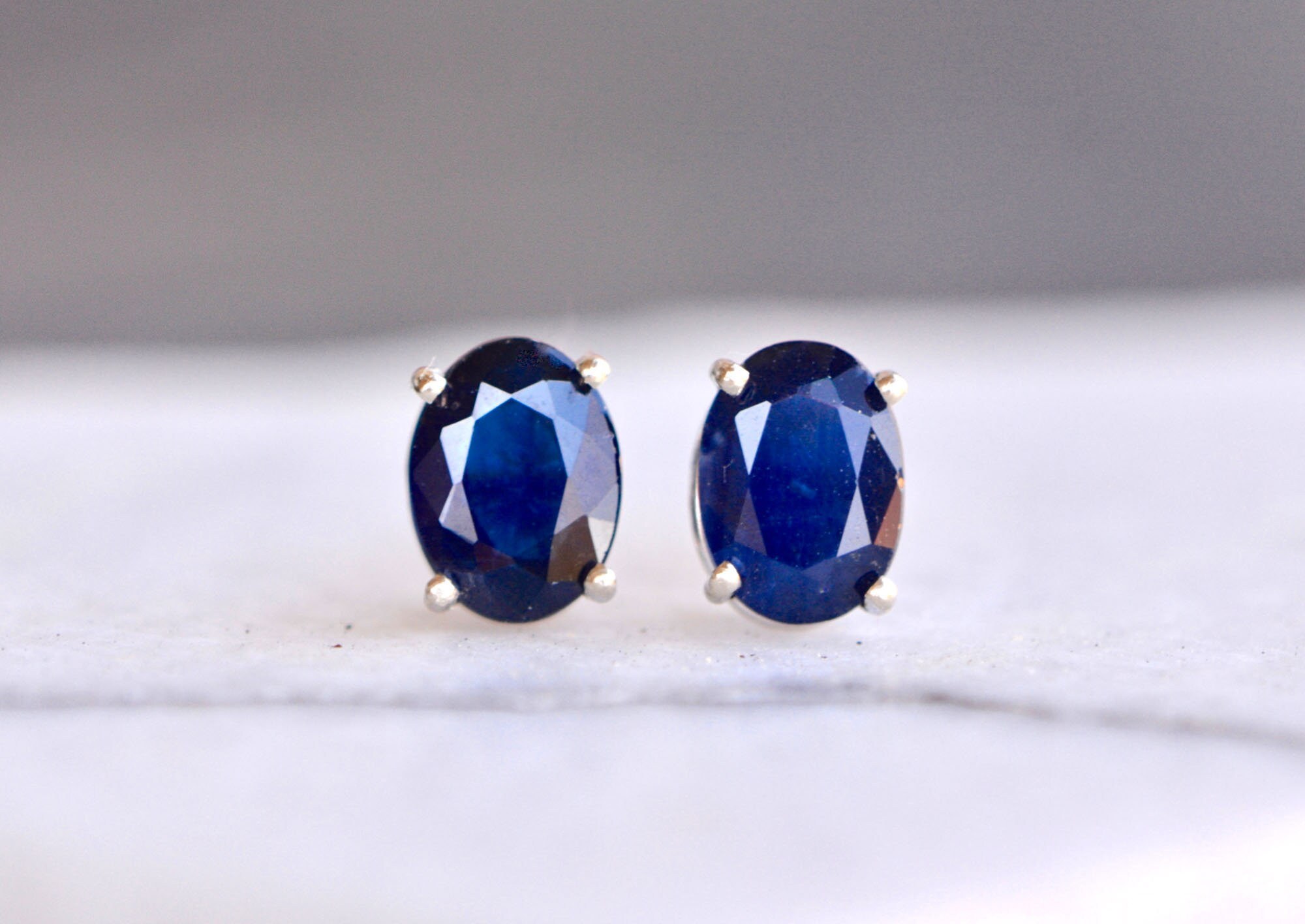 Blue Sapphire Oval Stud Earrings 8x6mm Solid 14k White Gold : September Birthstone Jewelry