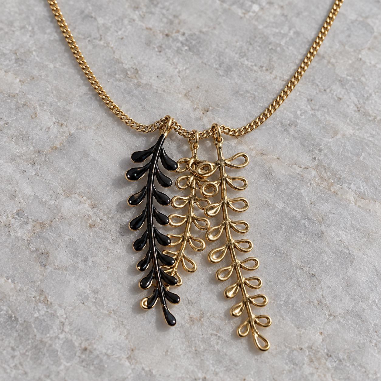 Fern Leaves Goldtone Mixed Metal Long Layering Necklace, detail view