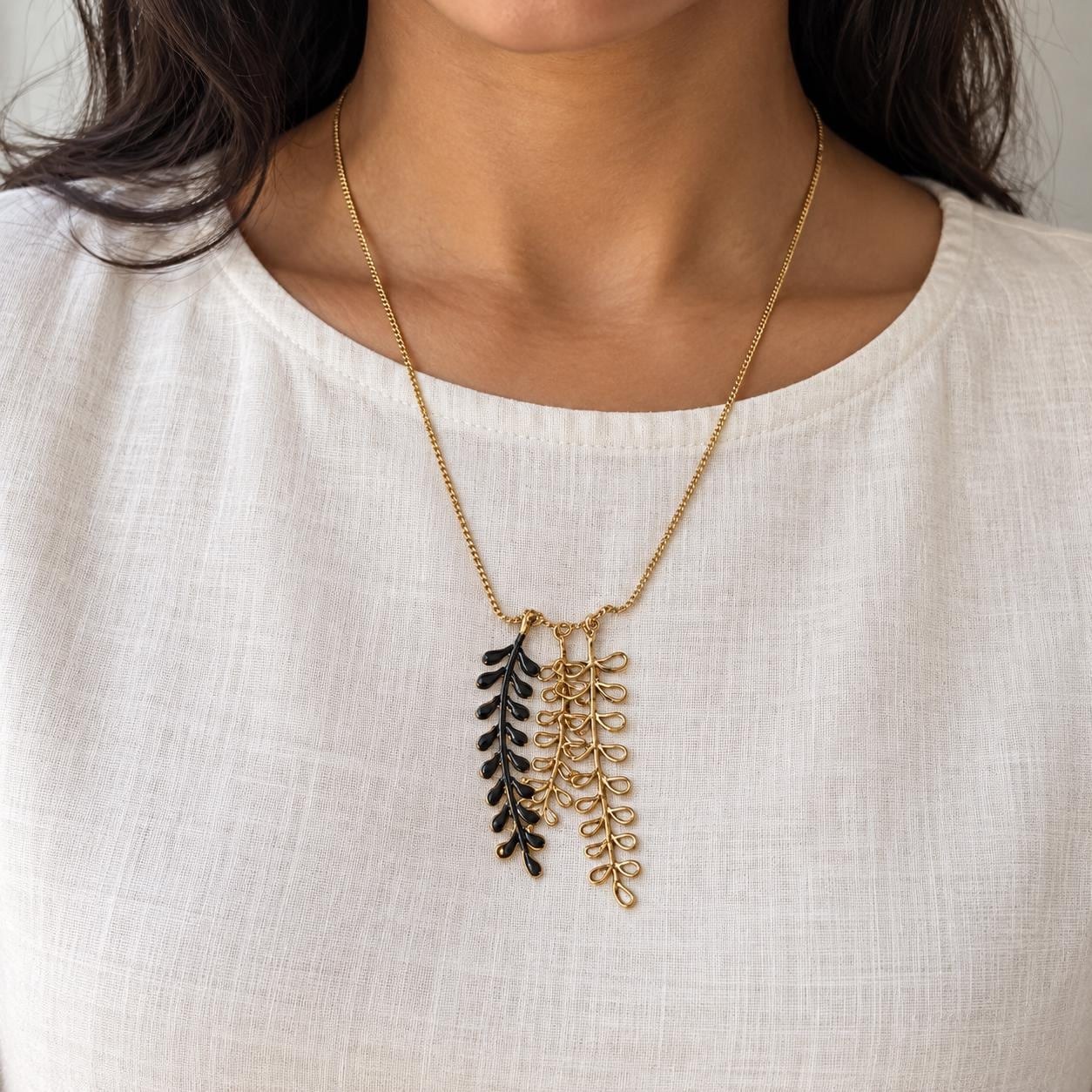 Fern Leaves Goldtone Mixed Metal Long Layering Necklace, worn view