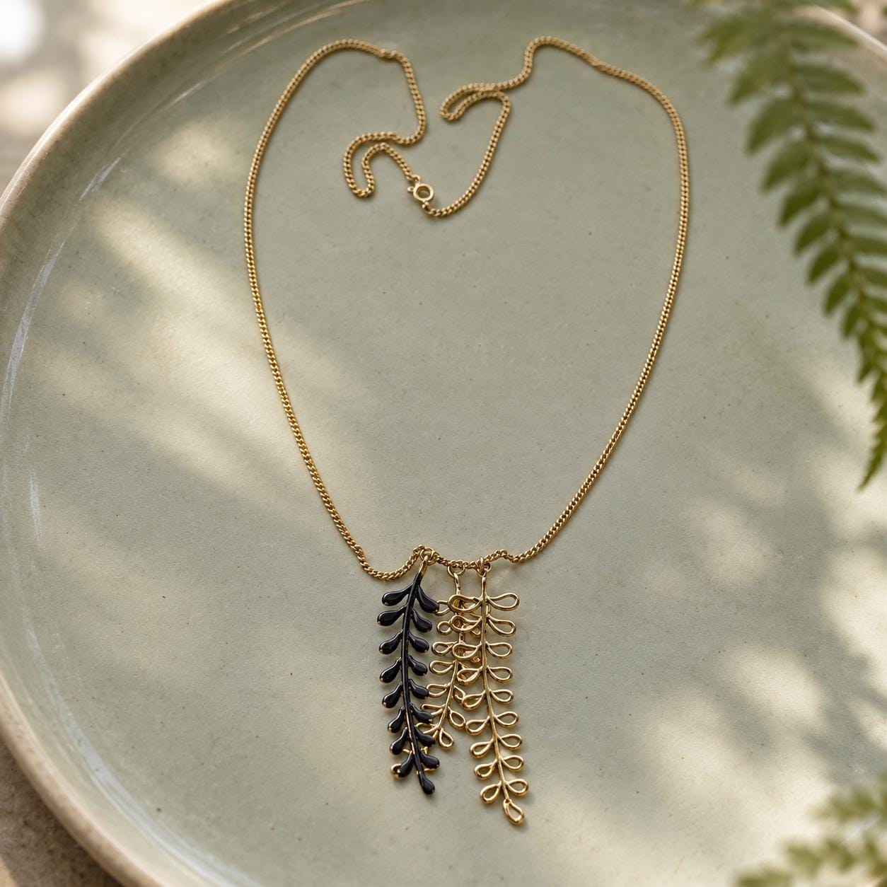 Fern Leaves Goldtone Mixed Metal Long Layering Necklace
