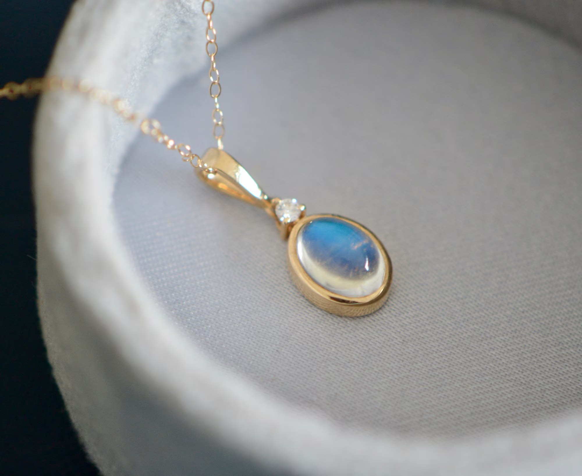 Blue Moonstone Diamond 14k Gold Necklace : June Birthstone Pendant
