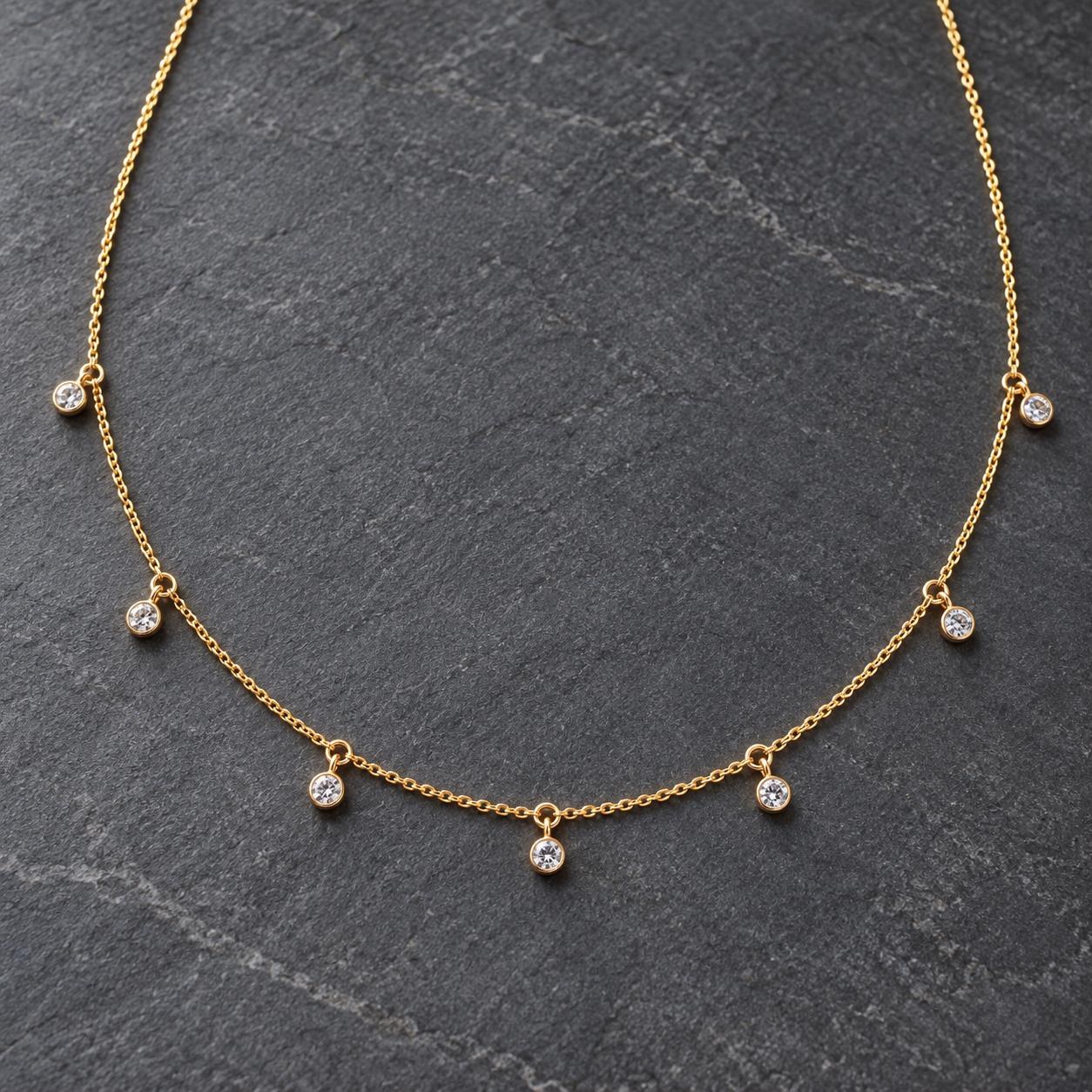 Diamond Drops Station Necklace 14k Gold, April Birthstone, detail view