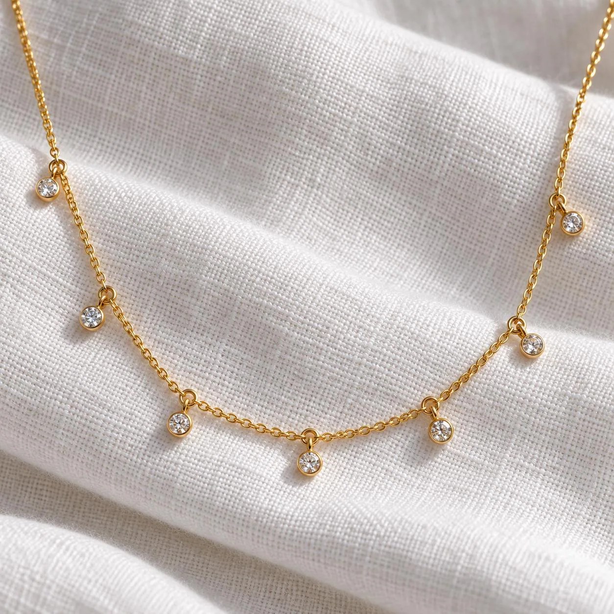 Diamond Drops Station Necklace 14k Gold, April Birthstone