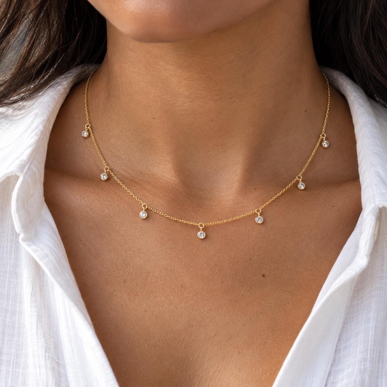 Diamond Drops Station Necklace 14k Gold, April Birthstone, worn view