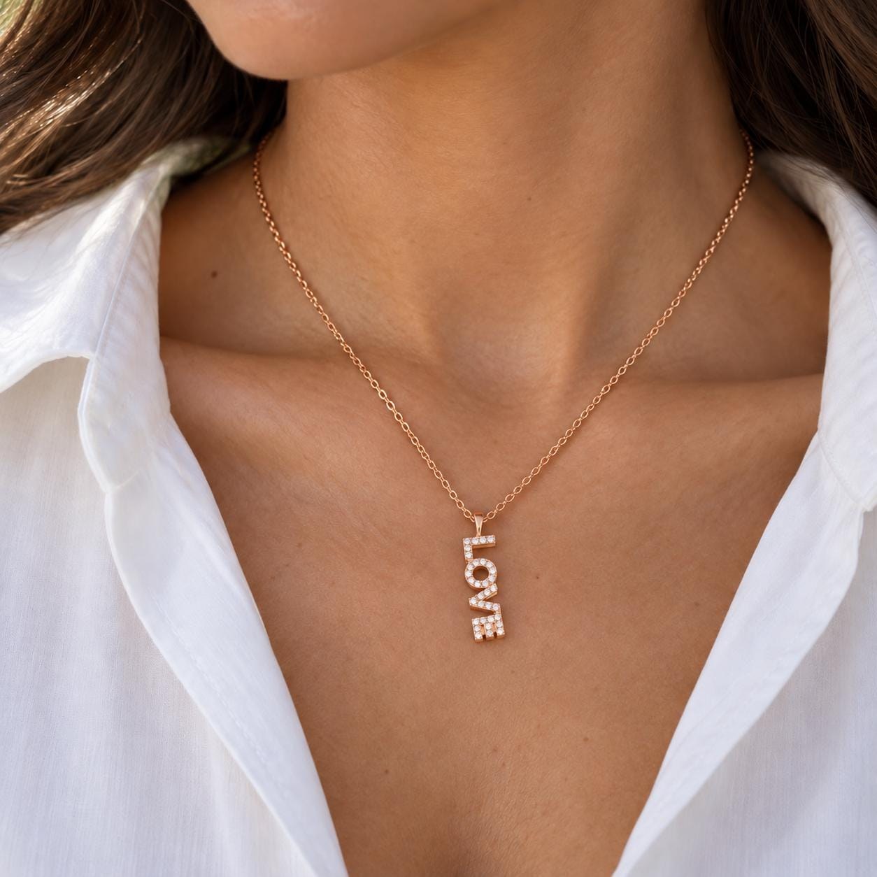 LOVE Diamond Necklace 14kt Gold, Valentines Day Jewlery, worn view