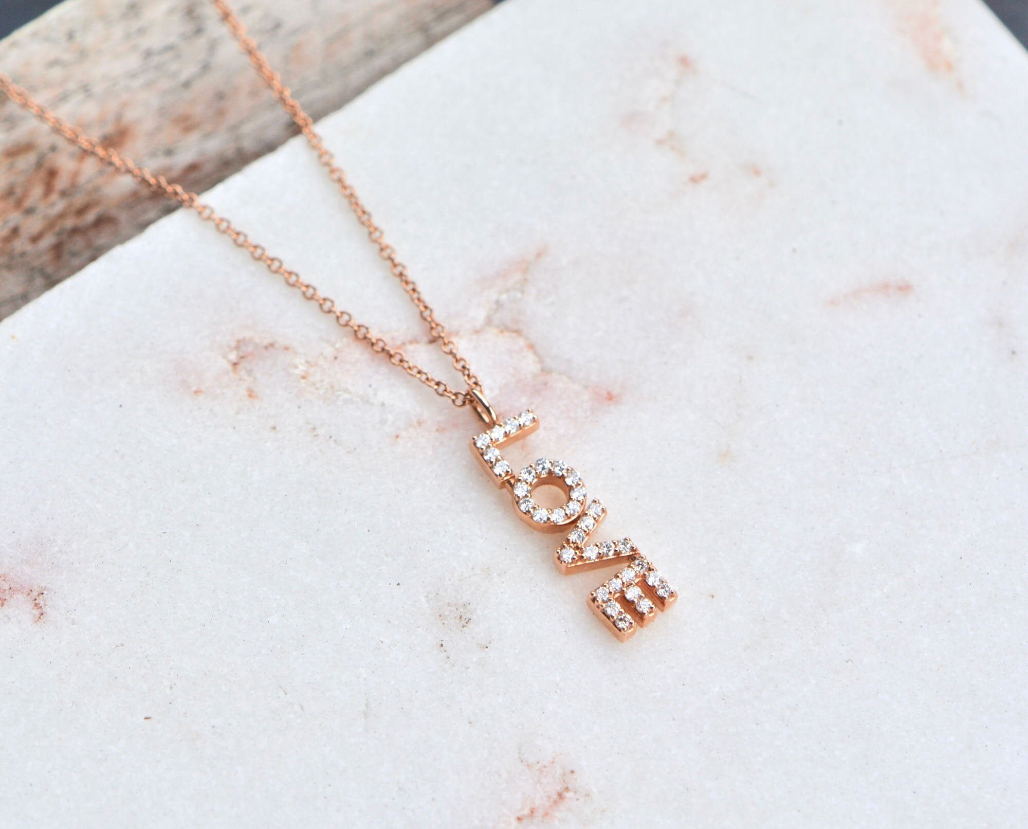 LOVE Diamond Necklace 14kt Gold, Valentines Day Jewlery, detail view