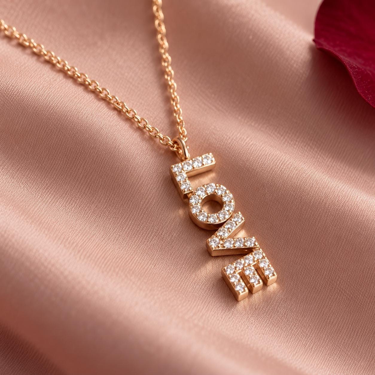 LOVE Diamond Necklace 14kt Gold, Valentines Day Jewlery