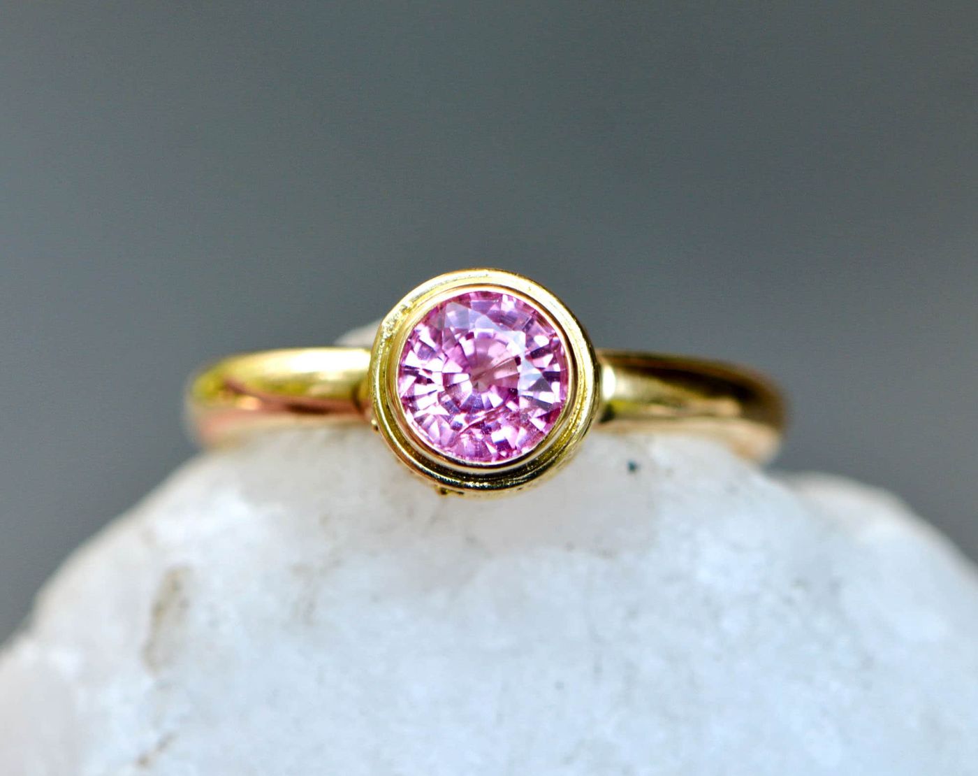 Pink Ceylon Sapphire 18kt Gold Bezel Solitaire Ring: September Birthstone Engagement Ring
