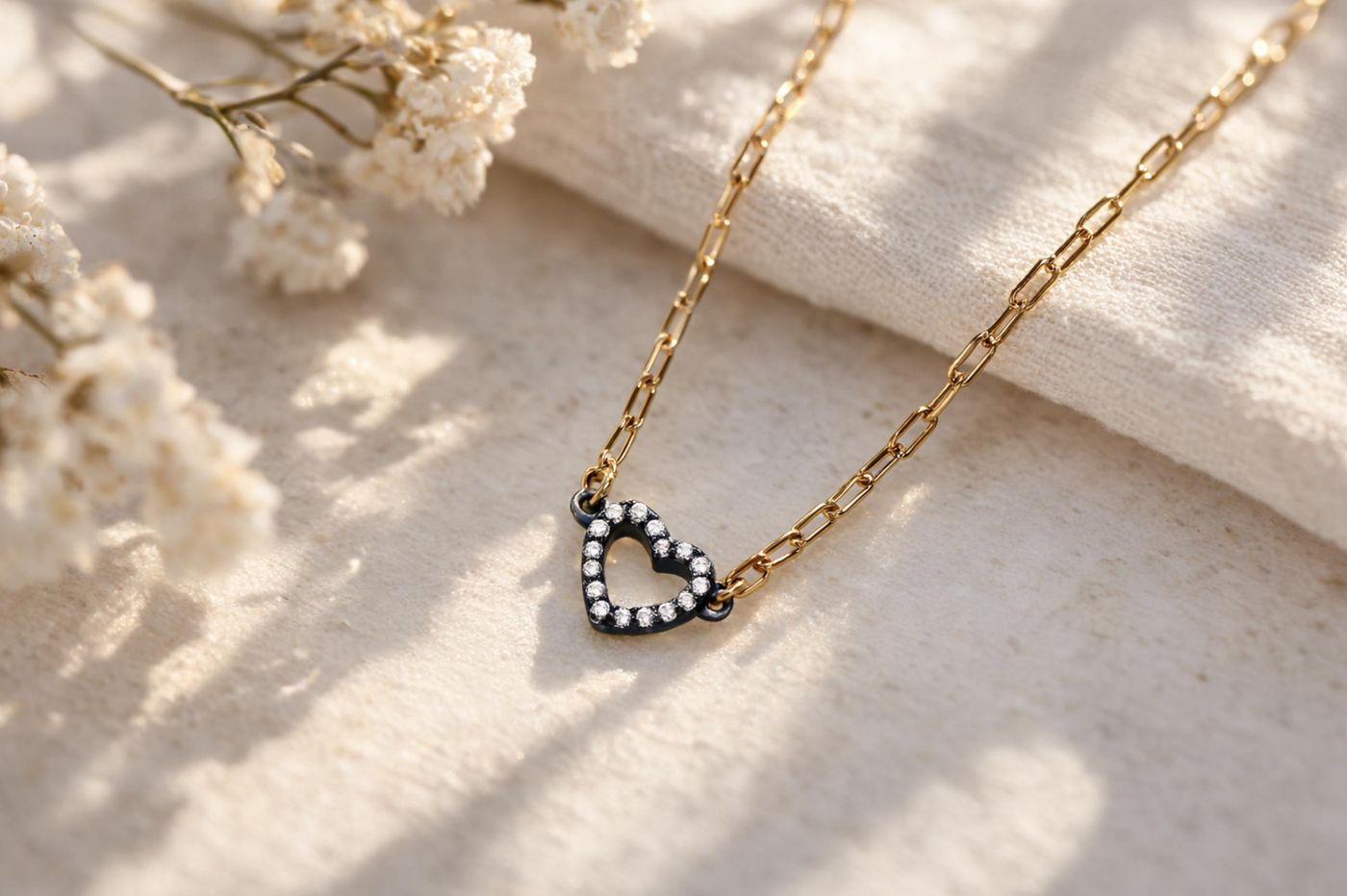 Oxidized Sterling Silver Heart Necklace with Gold Vermeil Chain: CZ Pave Layering Necklace