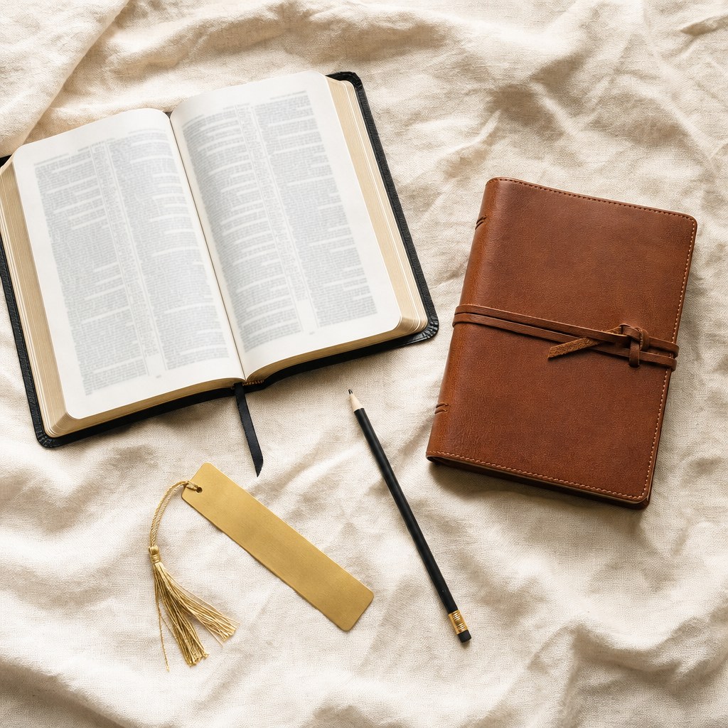 An open Bible, journal, pencil, and gold bookmark on ivory linen