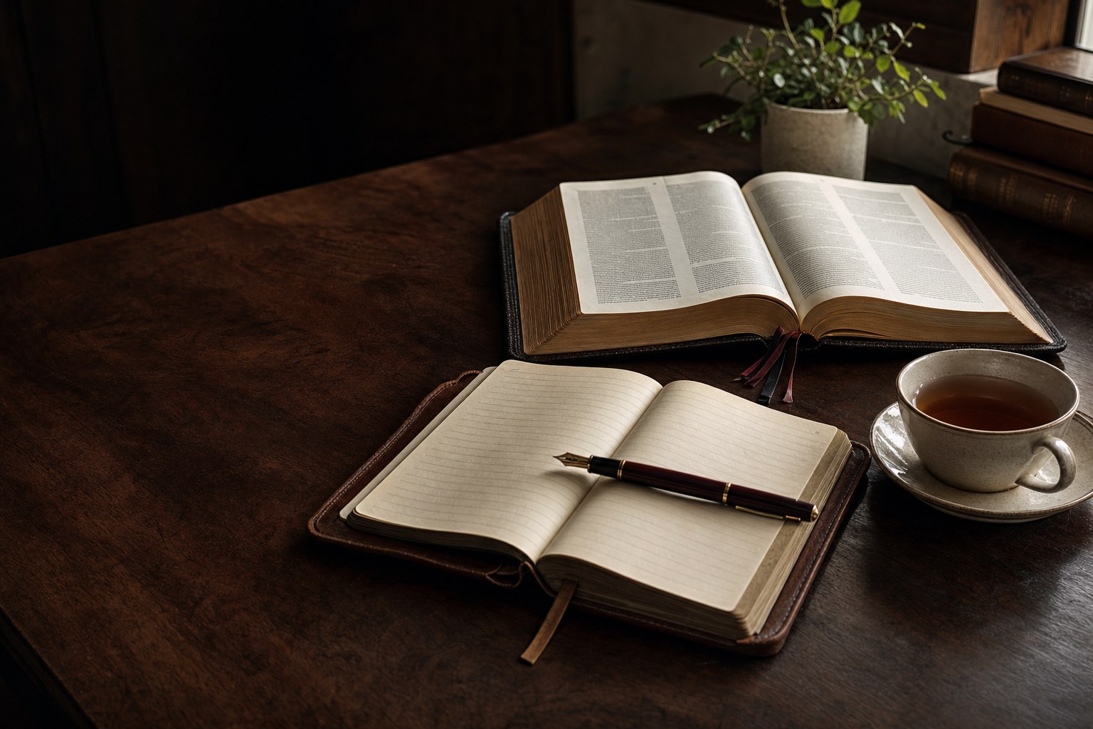 An open Bible, journal, fountain pen, and tea on a dark wood desk