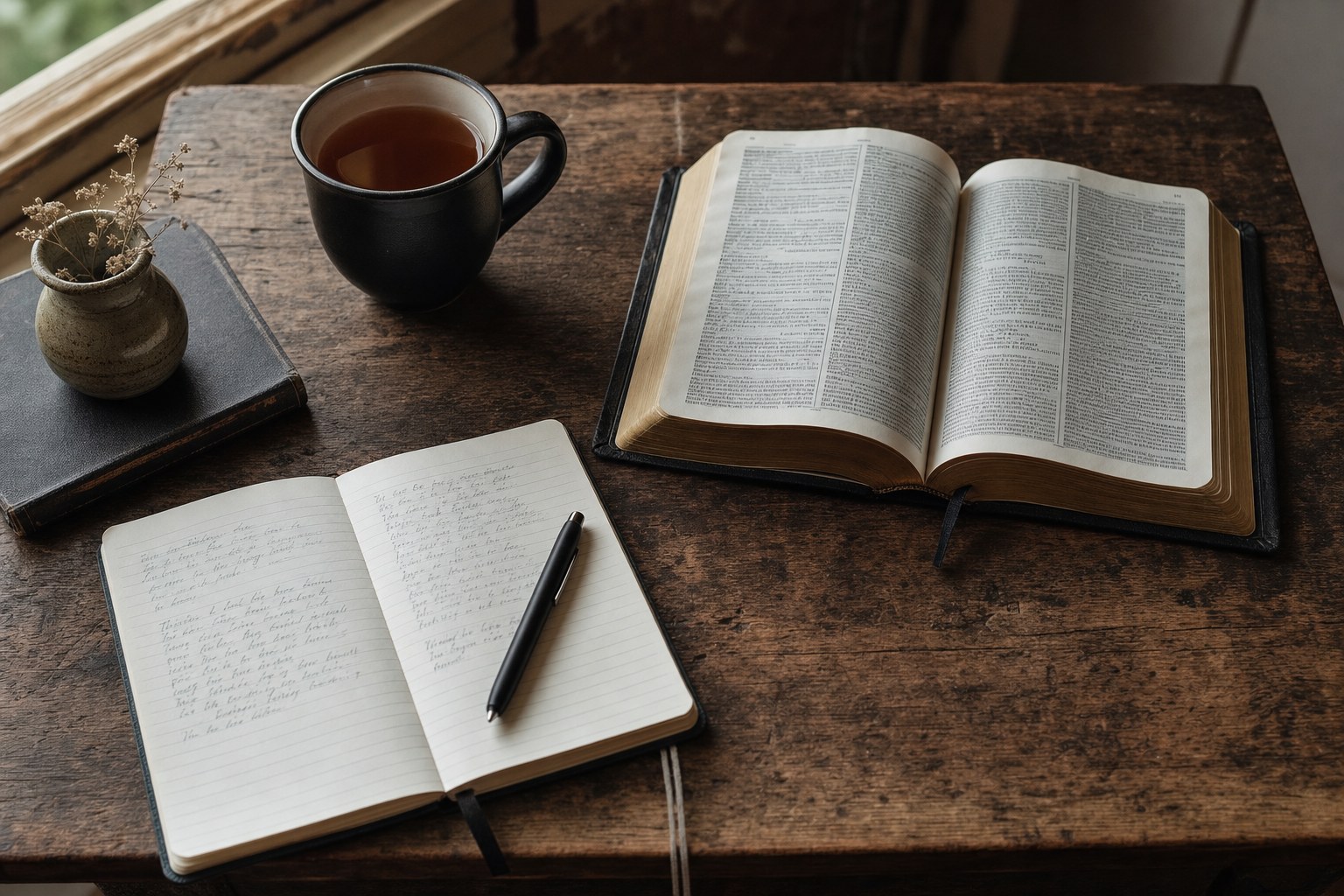 An open Bible, lined notebook, pen, and tea on a wood table